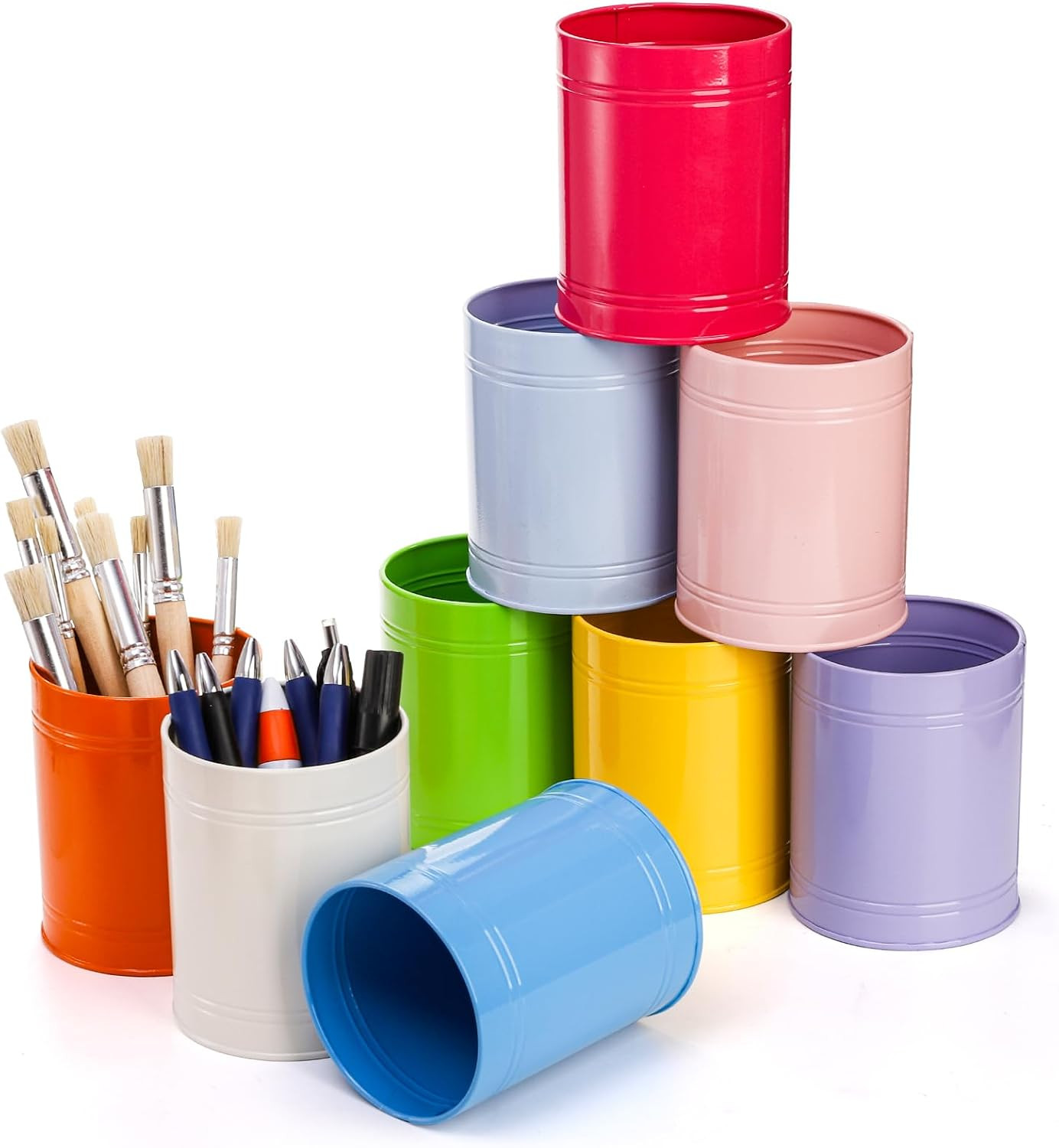 9 Pack Metal Pen Holders for Desk, Colorful Bulk round Pencil Cup Caddy, Desktop