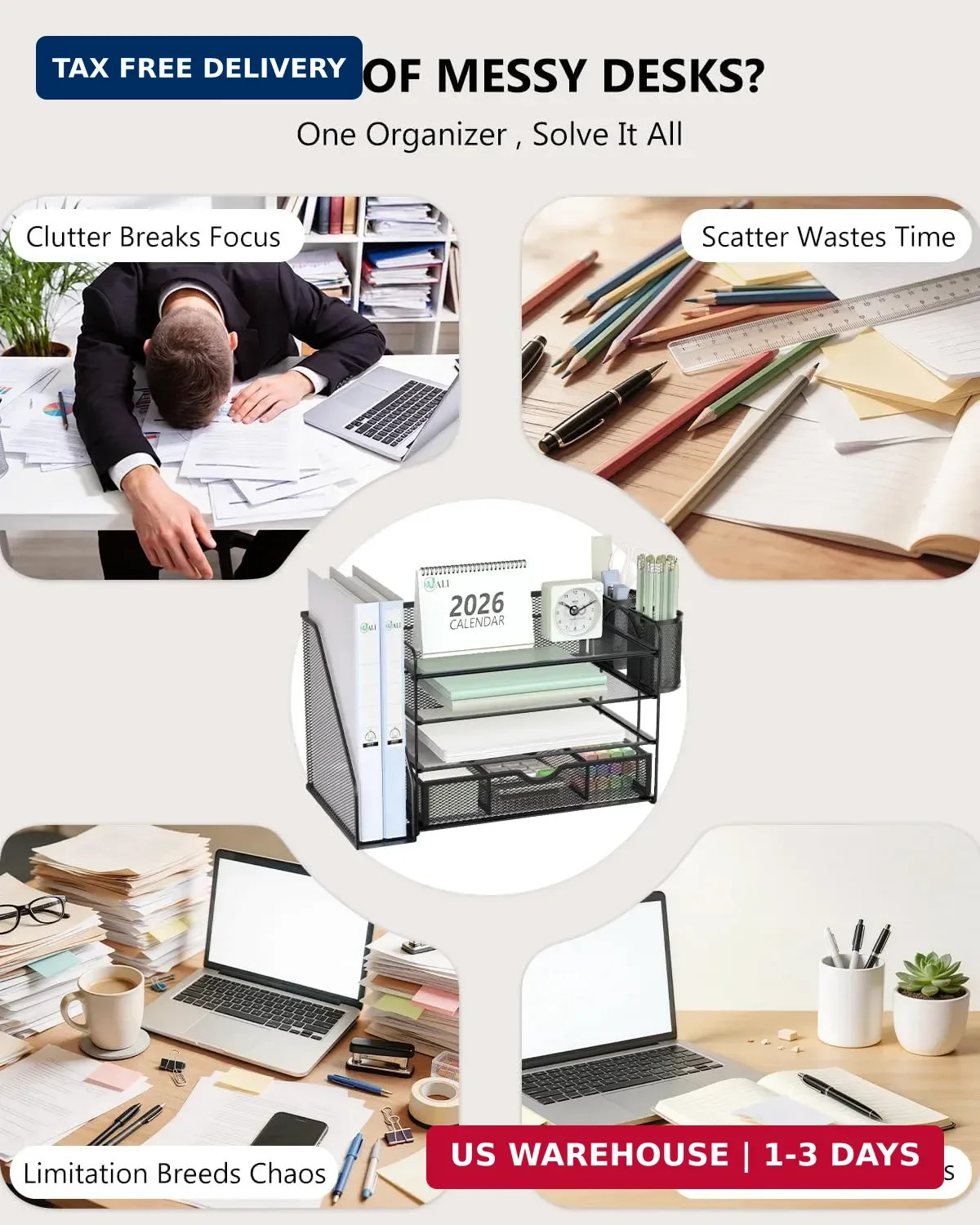 WALI Desk File Organizer, 4 Tier Desktop Paper Letter Tray Organizer with Drawer