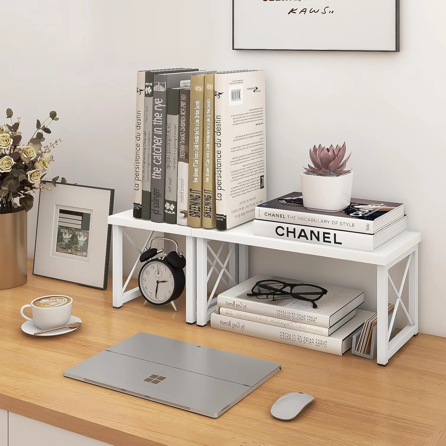 ELITEROO Wood Desktop Shelf 2 Tier Adjustable Stackable Desk Organizer White