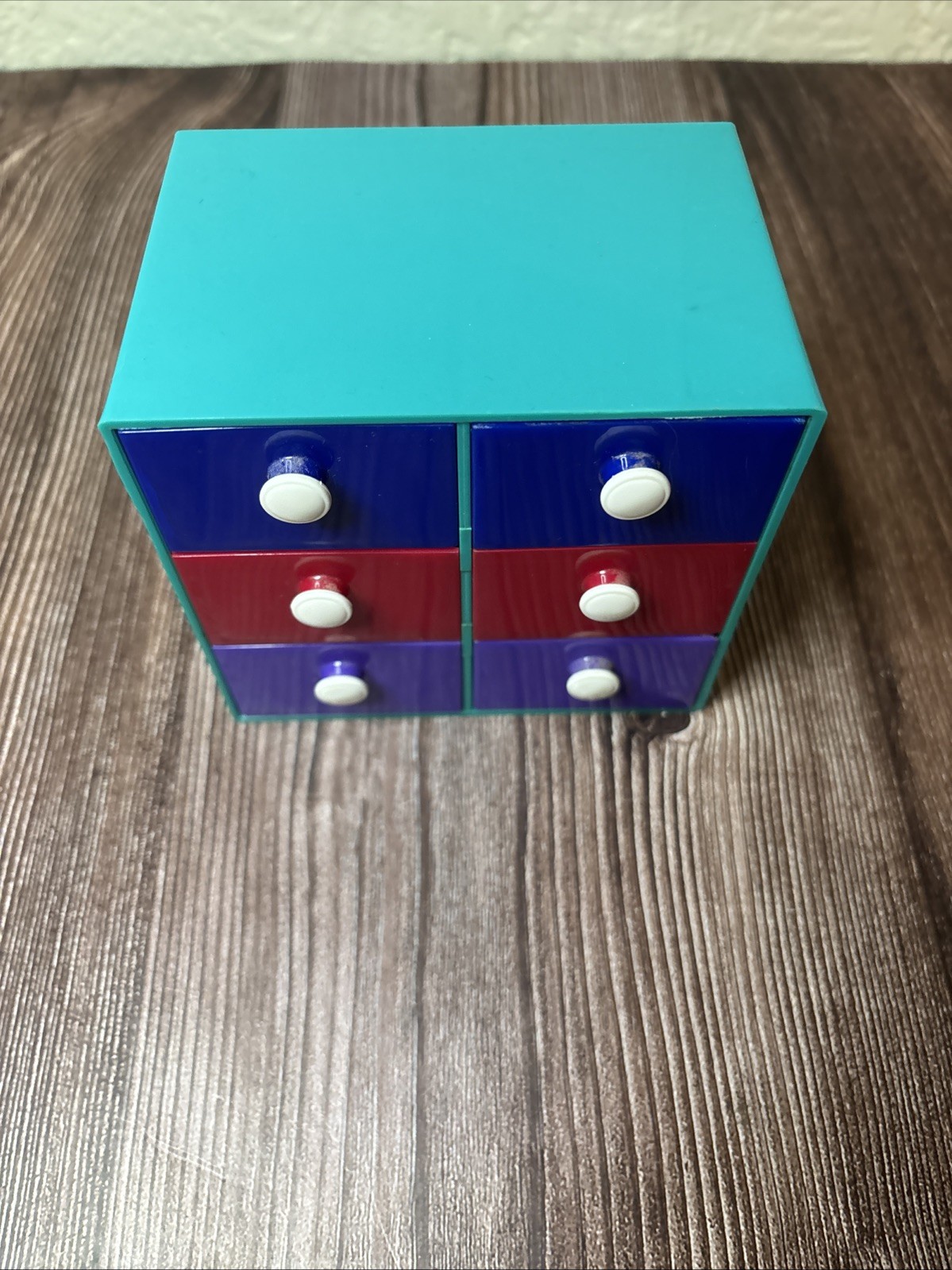 Mod Small Desk Organizer Teal w/Drawers Vintage 1980s Retro Blue Red Purple