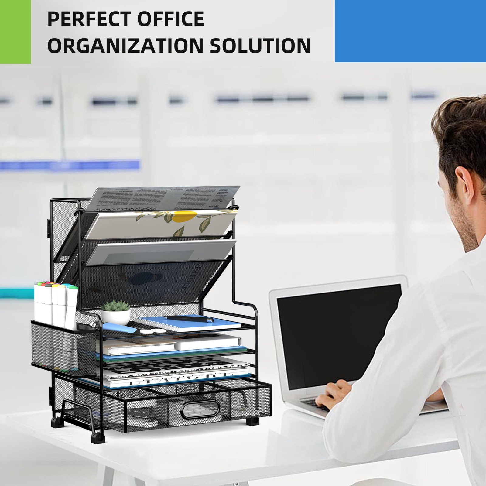 MINDEPOT 4Tier Paper Organizer + 3Pocket File Holder + Drawer + Pen Holders, …