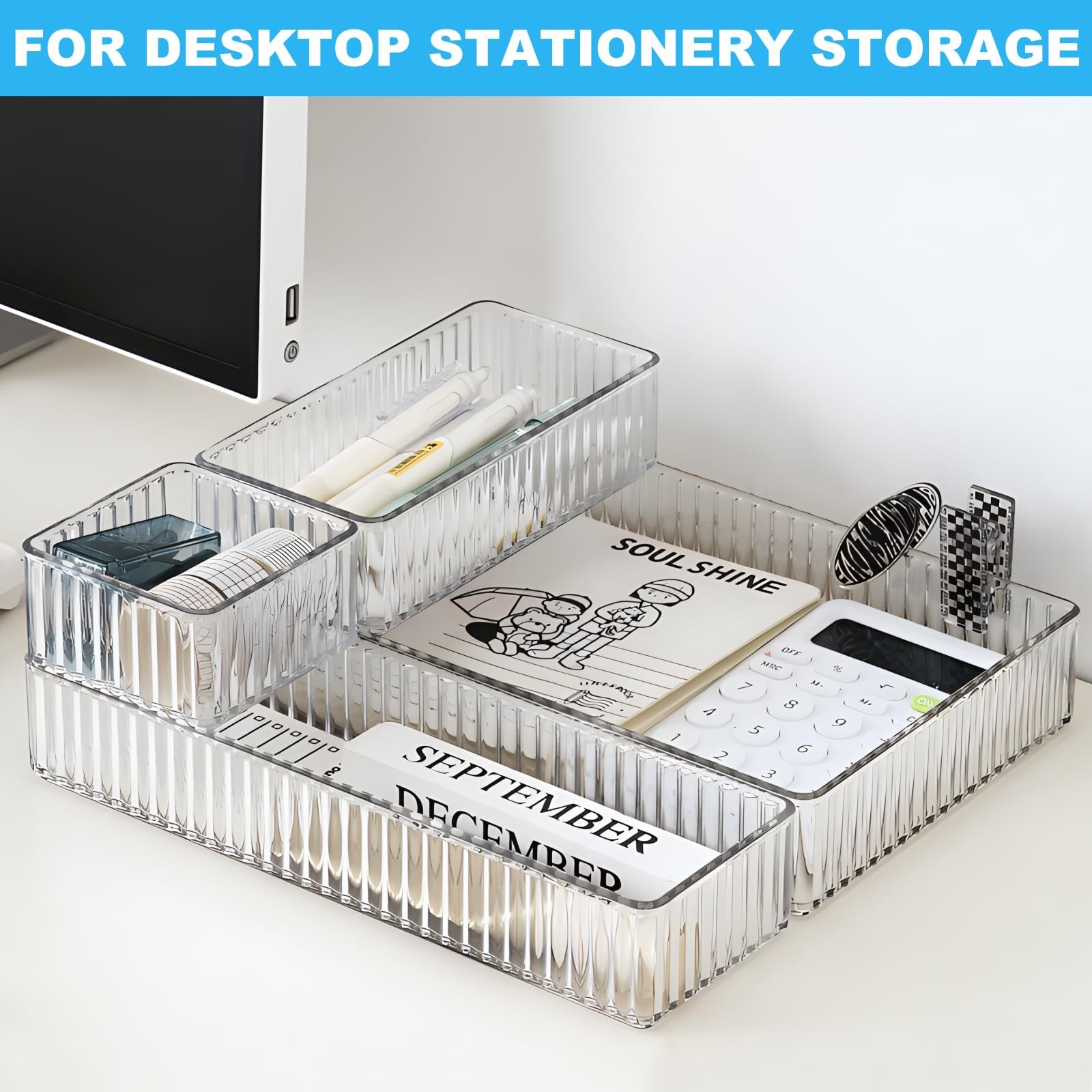 7 PCS Clear 4 Size Stackable Plastic Makeup Drawer Organizer Storage Bins