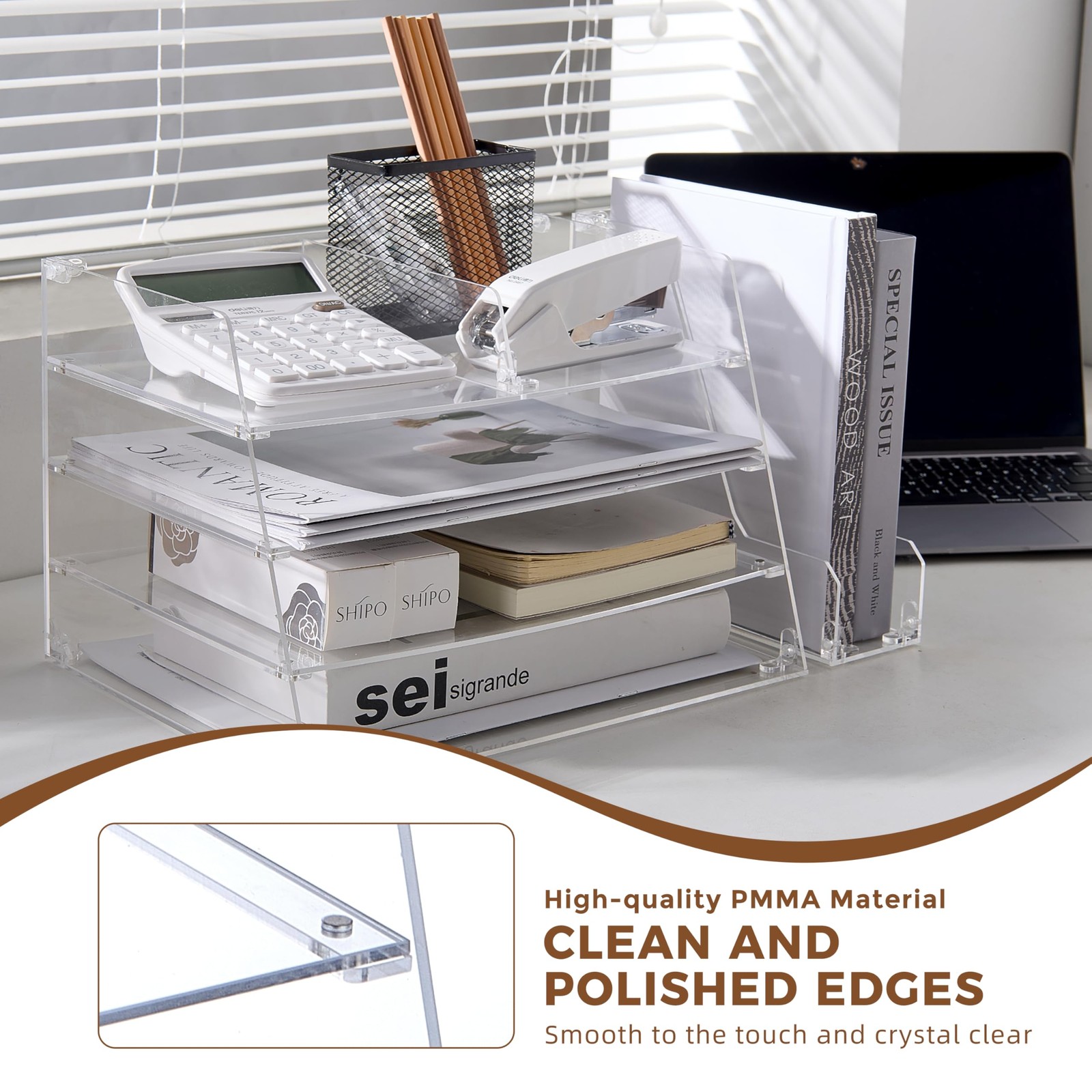 , Acrylic Desk Organizer – 4-Tier Tray with Vertical File Holder for Books, S…