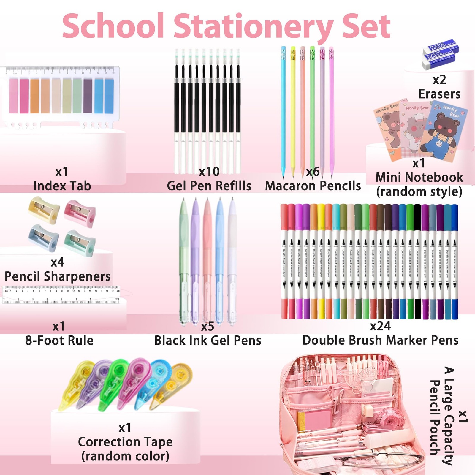 56 PCS Aesthetic School Supplies with Large Pencil Case, 24 Double Brush Mark…