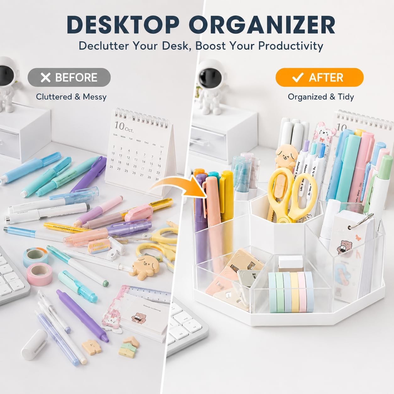 Rotating Pen Holder for Desk, 360 Degree Desk Organizer with 9 Removable Comp…