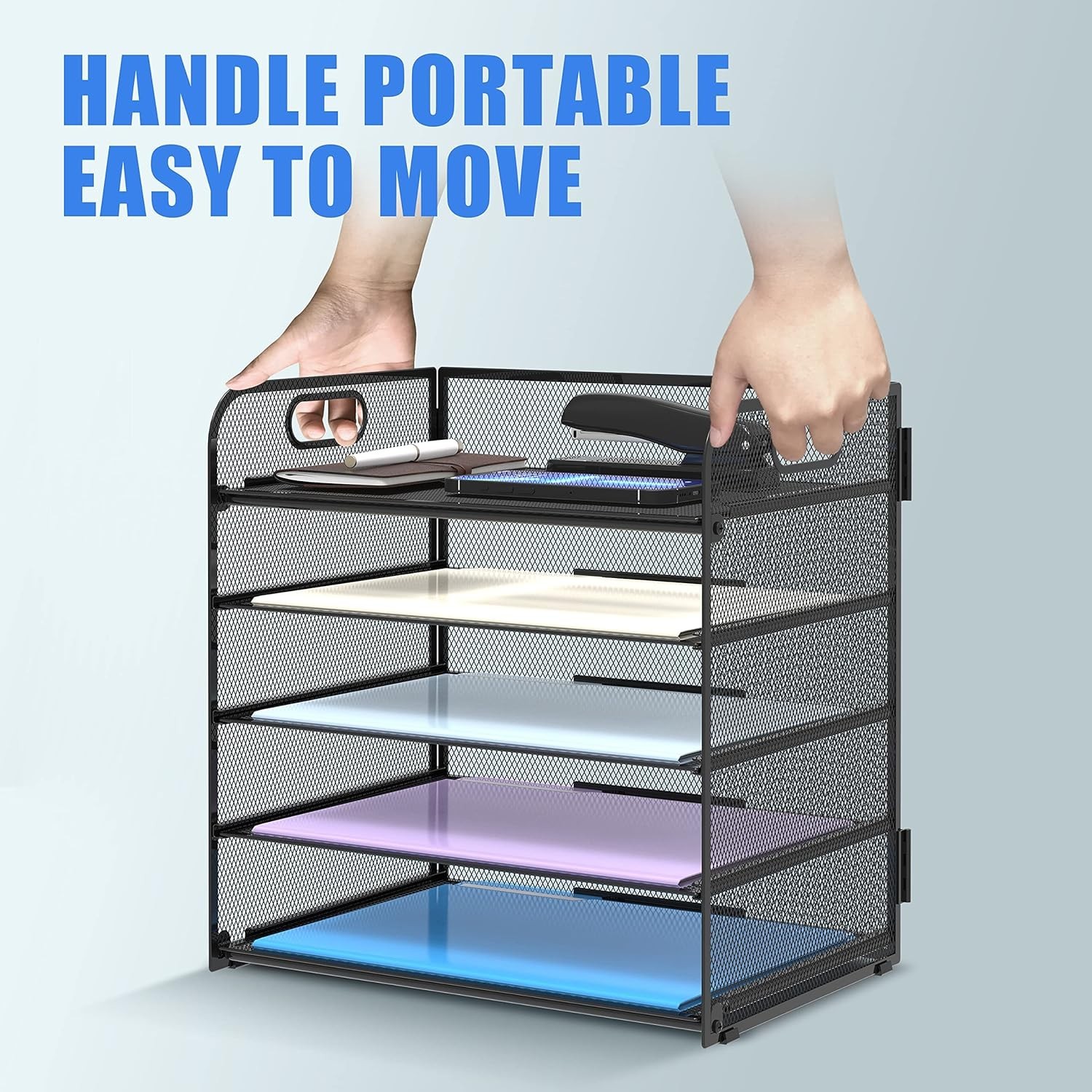 5 Tray Paper Organizer Letter Tray with Handle-Mesh Desk File Holders Organizer