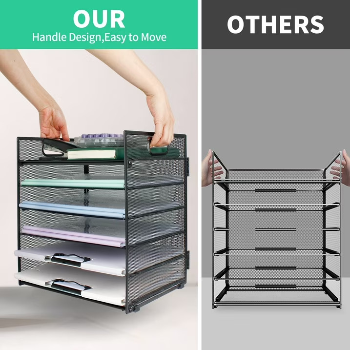 6-Tier Metal Mesh Desk Organizer with Handle Paper Letter Document Tray Black