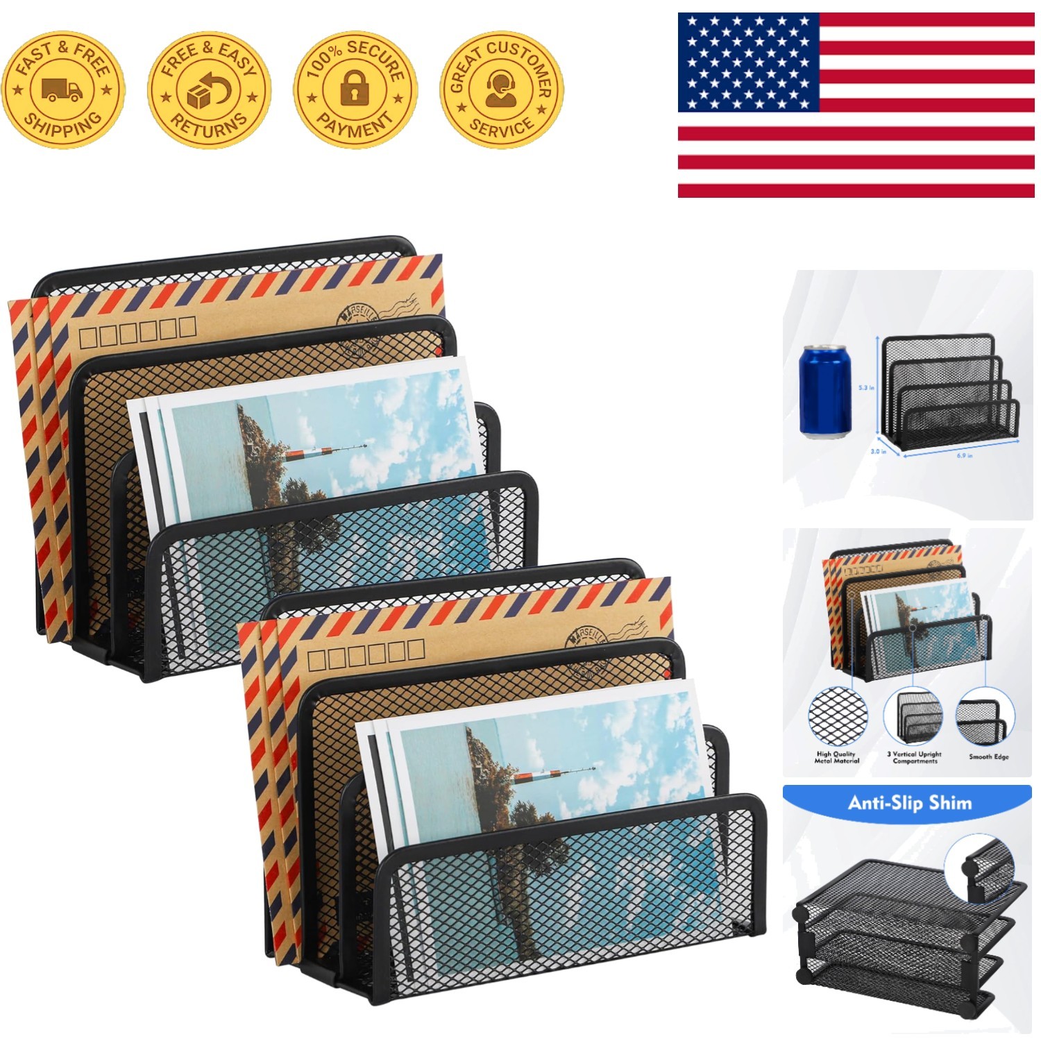 3-Compartment Desktop Organizer – Durable Rust Resistant Metal Mesh Black 2-Pack