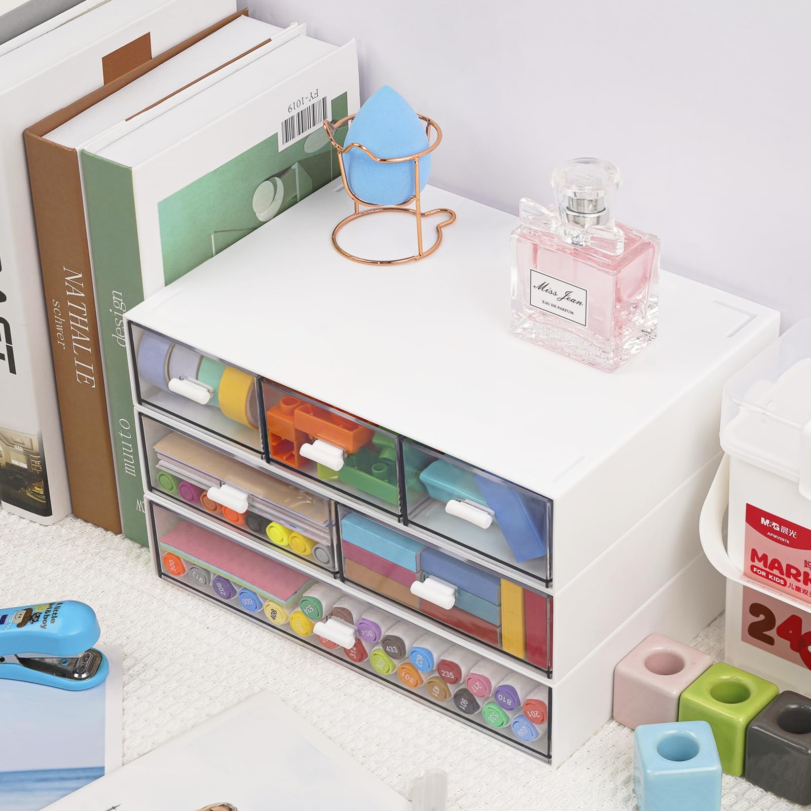 3 Tier Stackable Desk Organizer with 6 Drawers, Plastic Desktop Storage Box D…