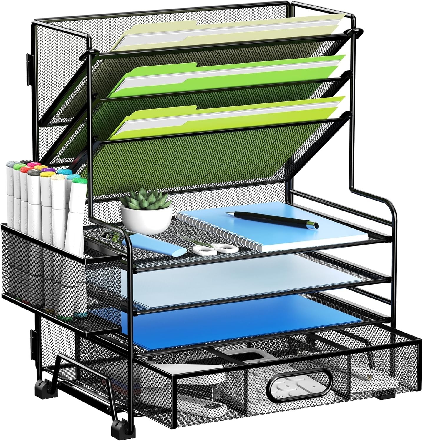 4-Tier Paper Organizer + 3-Pocket File Holder + Drawer + Pen Holders, Desktop…
