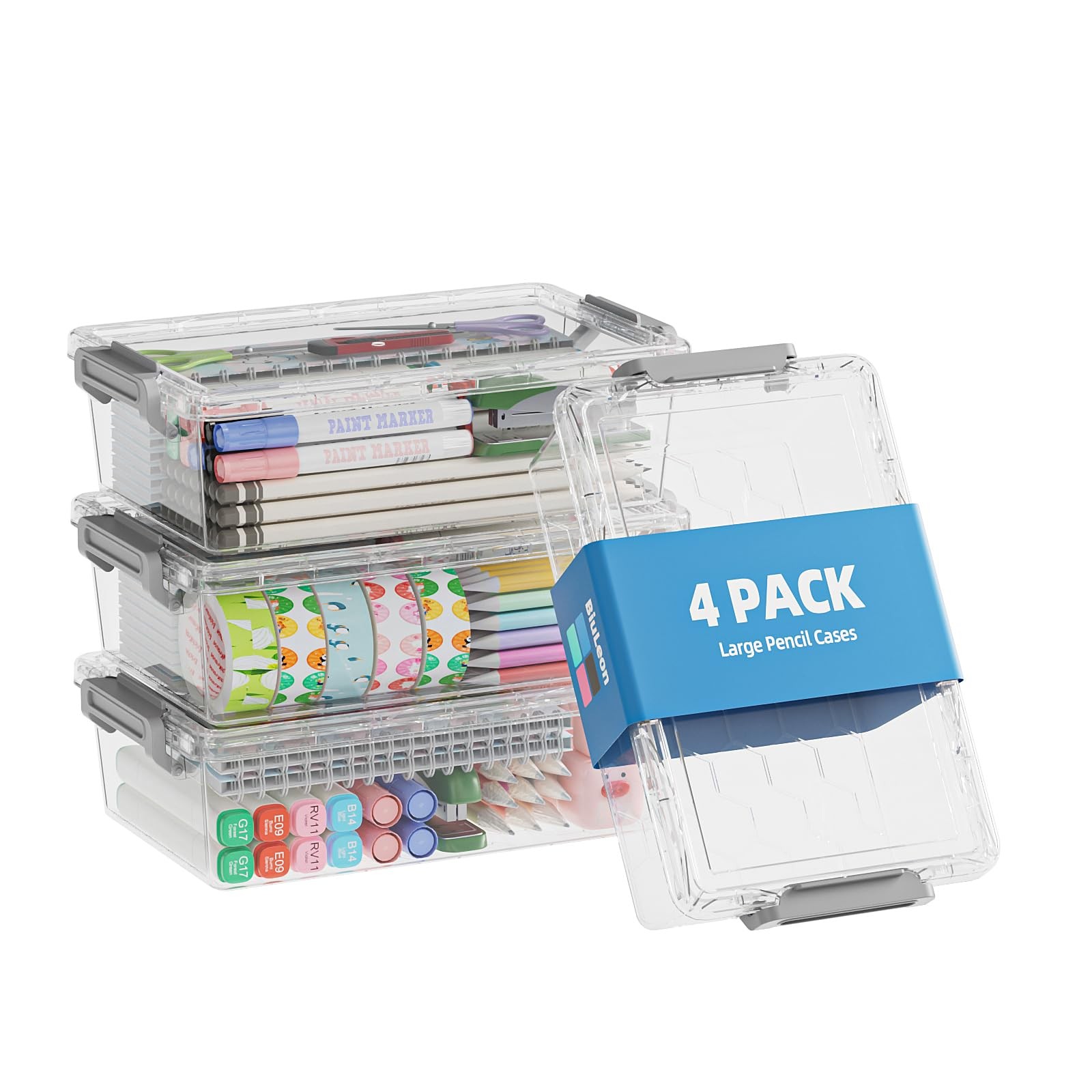 4 Pack Extra Large Pencil Box, Plastic Pencil Case Organizer, Clear Crayon Bo…