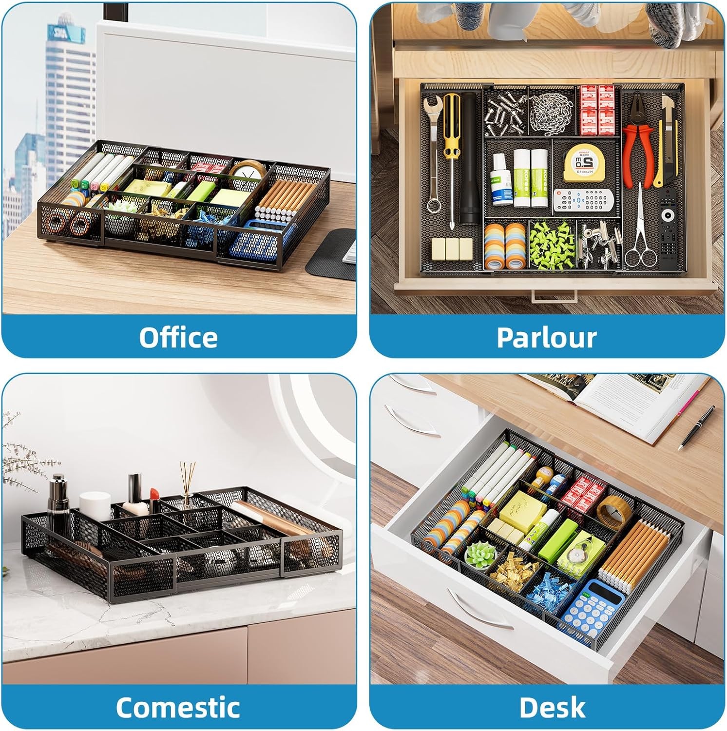 Expandable Desk Drawer Organizer, Mesh Drawer Organizer Tray with 10 Adjustable