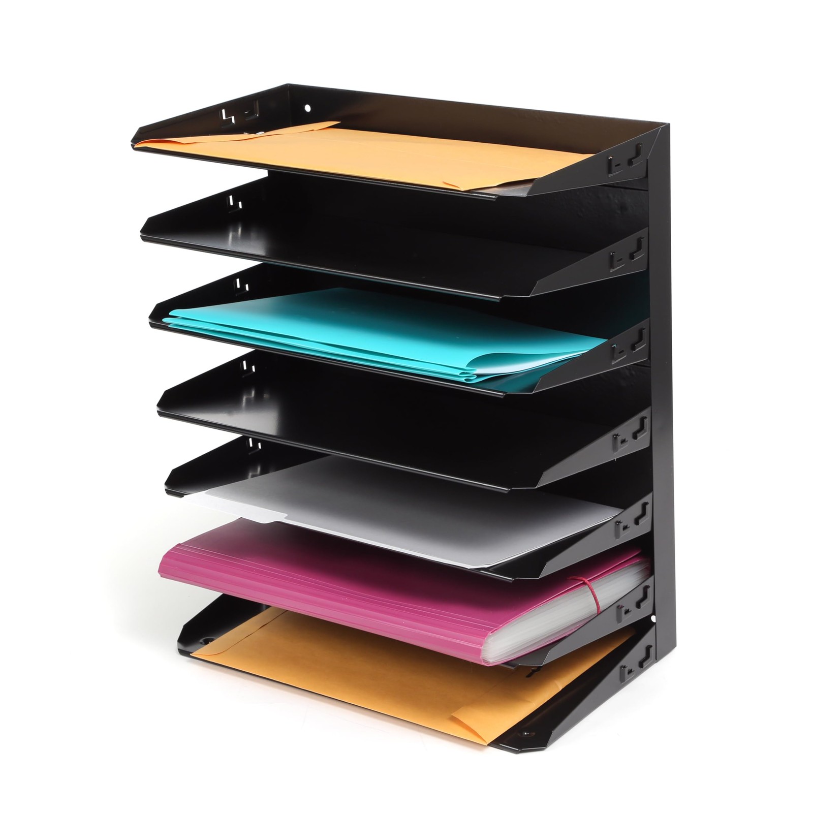 Black Desk Organizer CADDY Seven Slot Steel Paper Sorter for Office Home Use