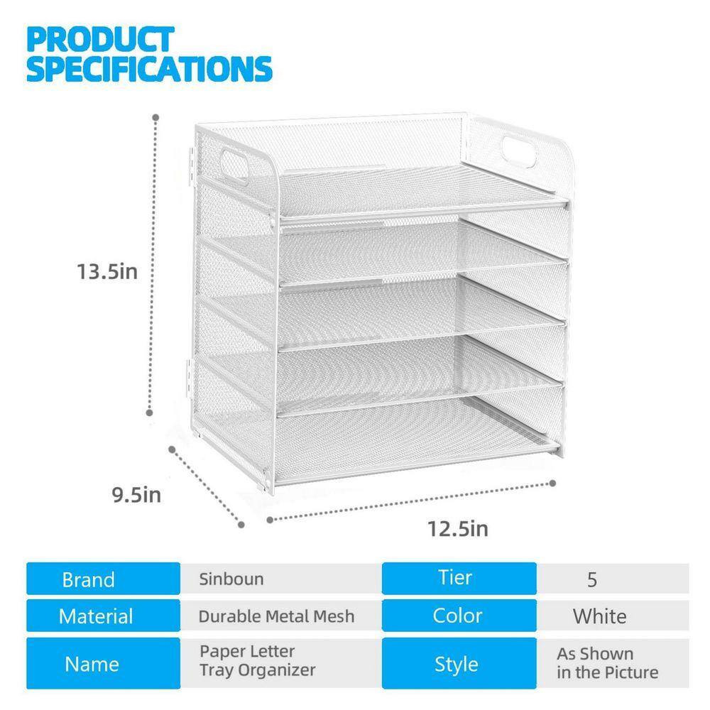 12.5 in X 13.5 in White Metal Letter Tray 5-Tier Desk Organizer File Paper Holde