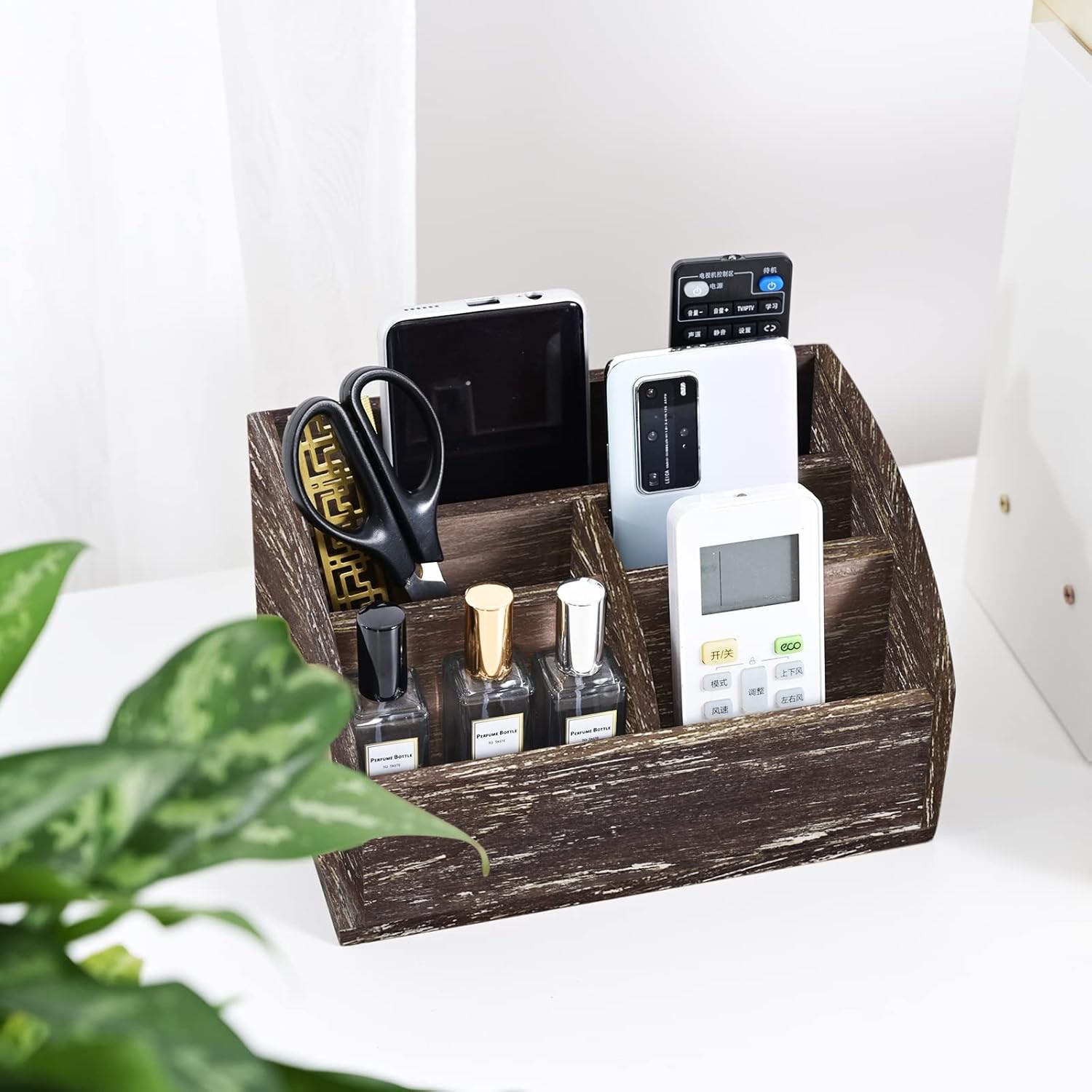 Rustic Vintage Wooden Desk Organizer Farmhouse Wood Remote Control Caddy 3 Slot