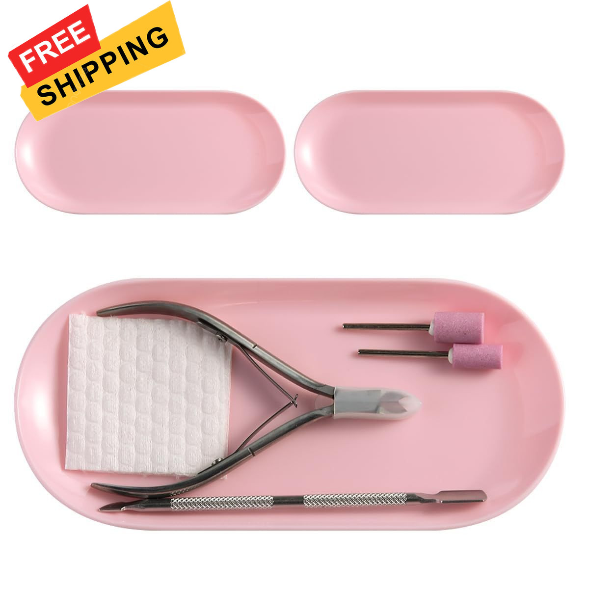 3Pcs Manicure Tools Storage Tray, Oval Plastic 6.89×3.34×0.39 inches, Pink