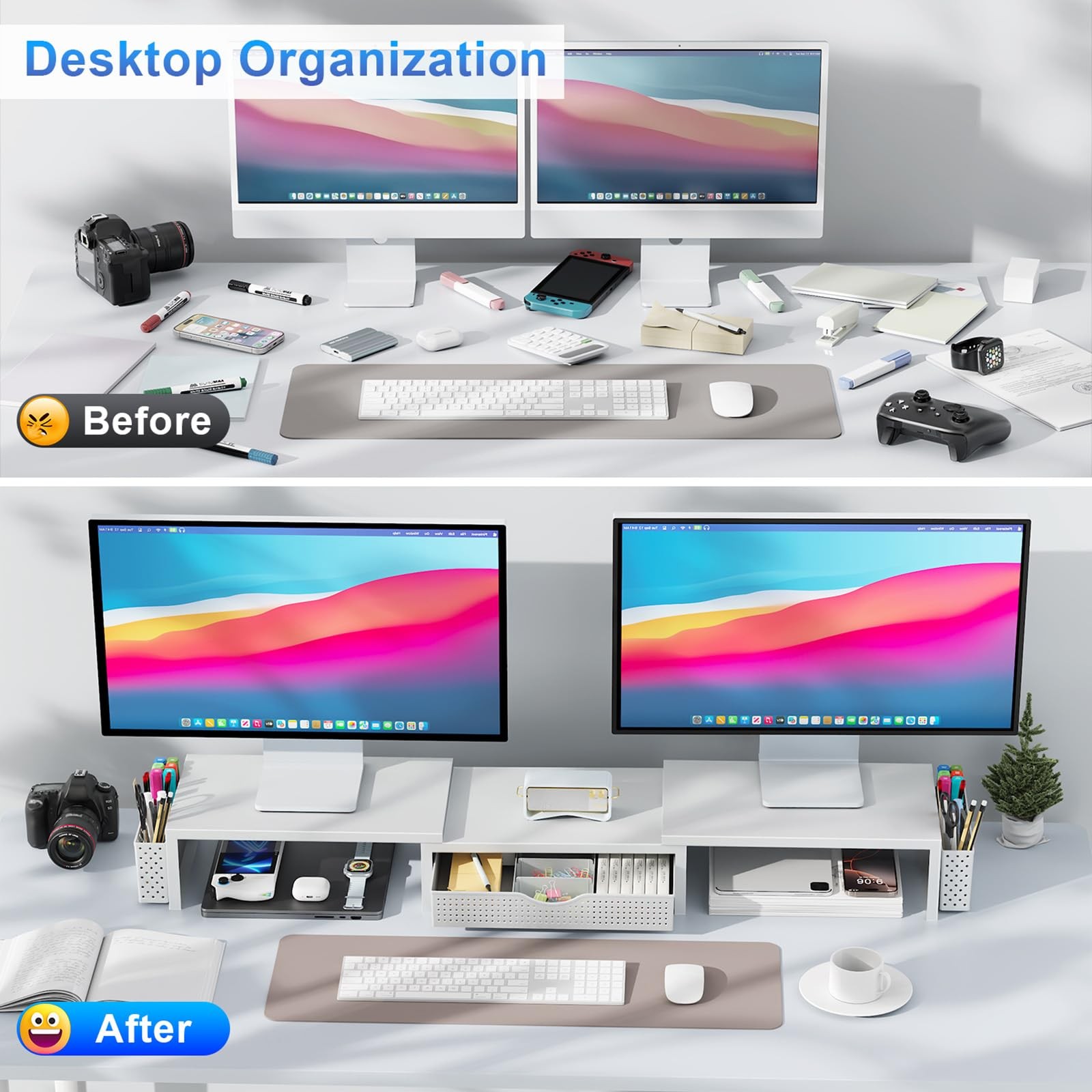 gianotter Dual Monitor Stand Riser, Desk Organizer With Drawer and 2 White