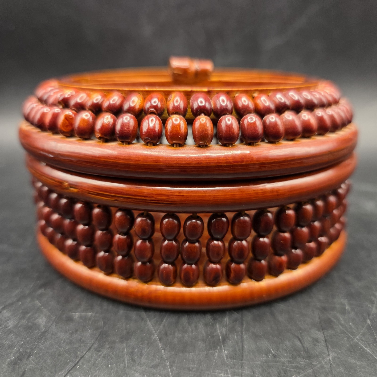 Vintage Bamboo Handmade Open Weave Lacquered Braided Trinket Nox with Lid