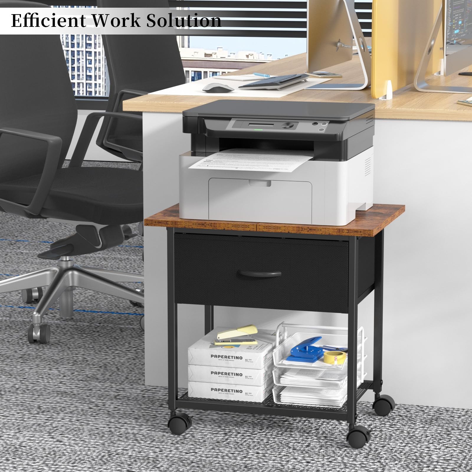 DAOUTIME 2-Tier Printer Stand with Storage Drawer, Under Desk Rustic Brown