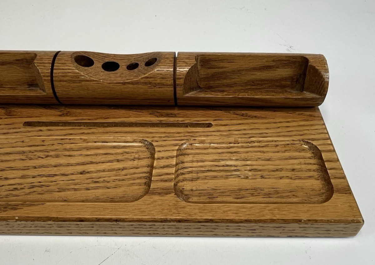 Wooden Desk Organizer 14″ x 8″ Oak Heavy MCM Business Cards Pencils Notes