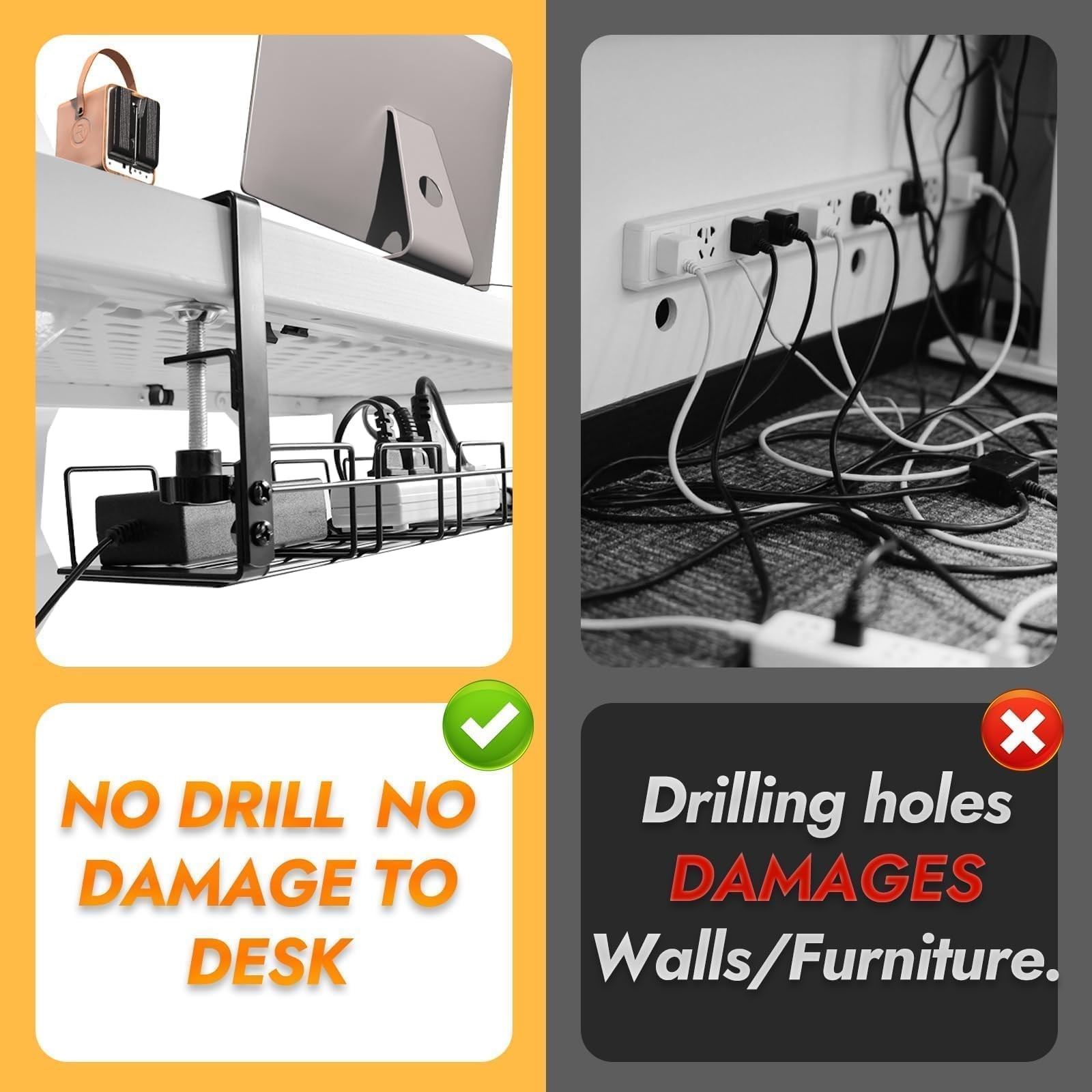 Under Desk Cable Management Tray No Drill 2pack Kit- 15.7” Long 5.1” Black