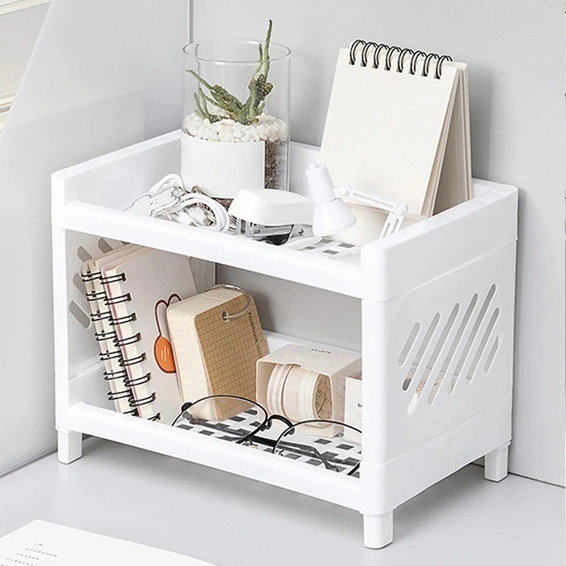 Double Layer Desktop Storage Rack PP Organizer Office Makeup Stationery Holder