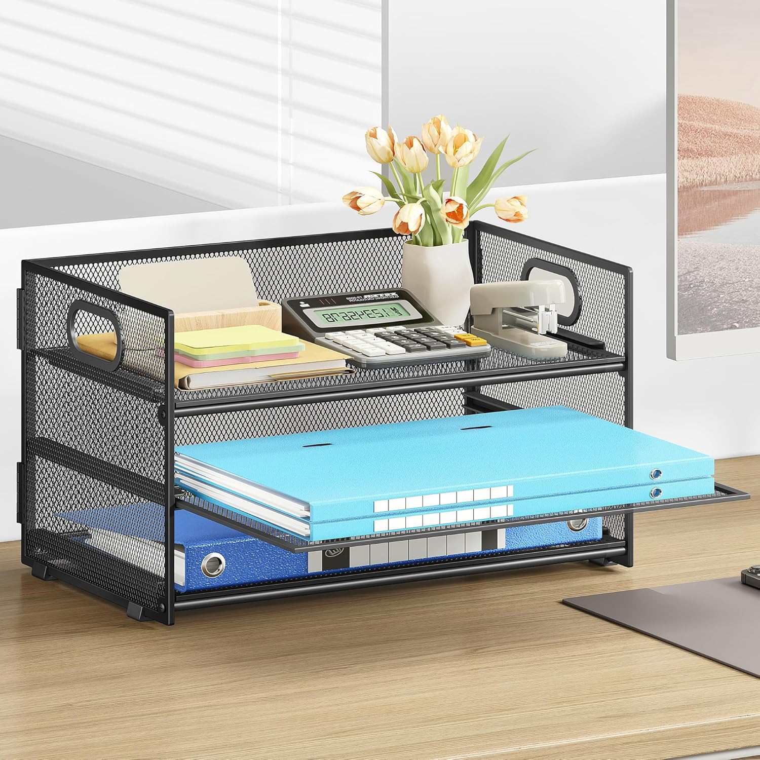 3 Tier Paper Letter Tray Organizer for Desk, Black Metal Mesh Desk File Folder S