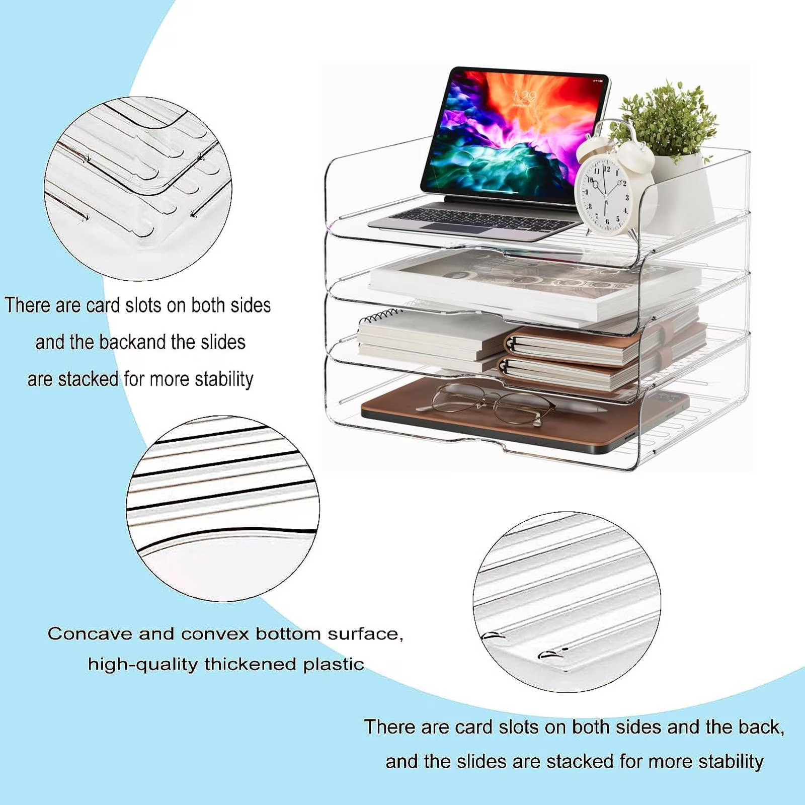 Clear 4-Tier Stackable Desk Organizer, Horizontal Paper File Tray, Desktop Docum