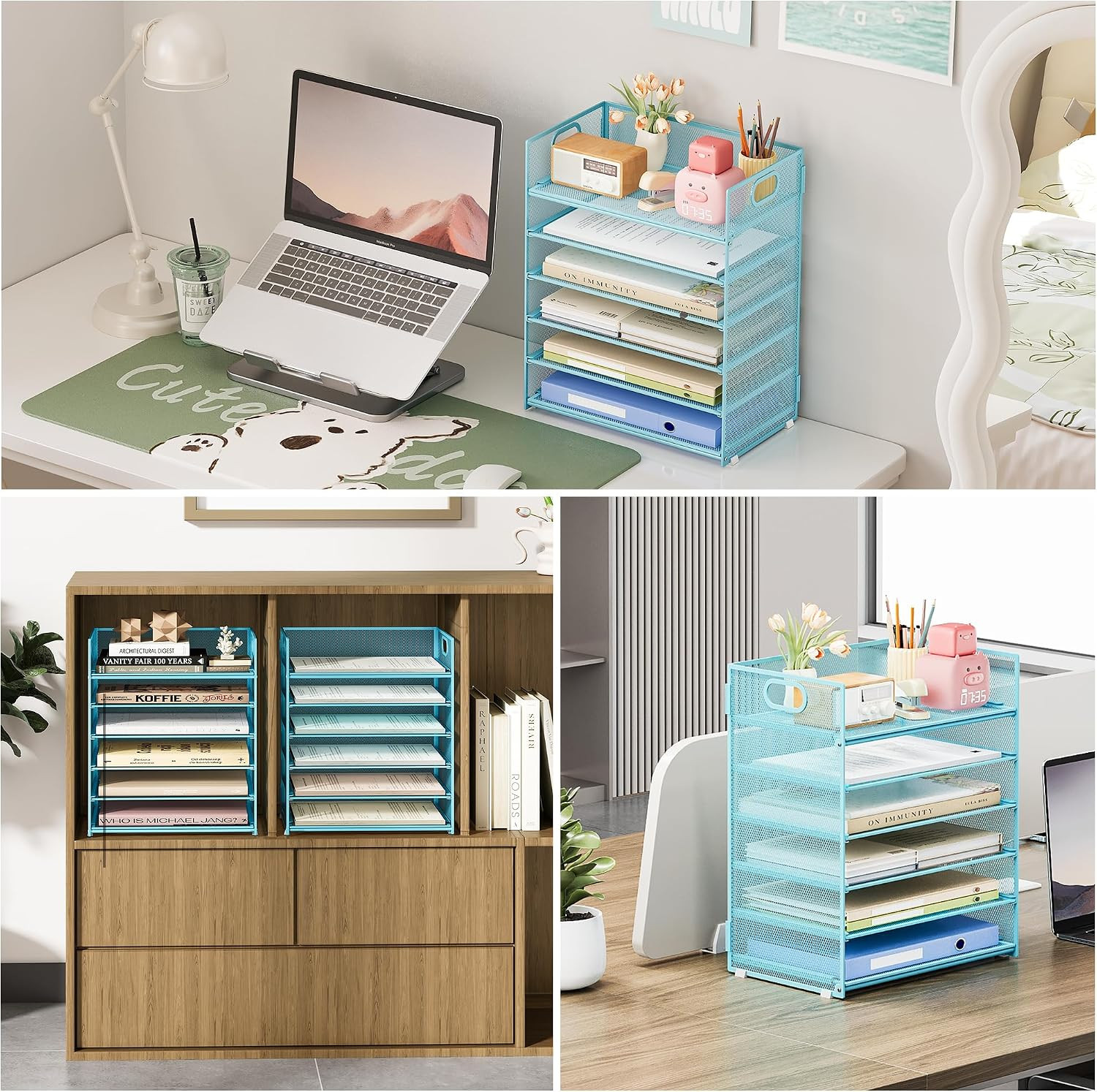 6 Tier Office File Paper Desk Tray Organizer with Handle, Stackable Slide Mesh L