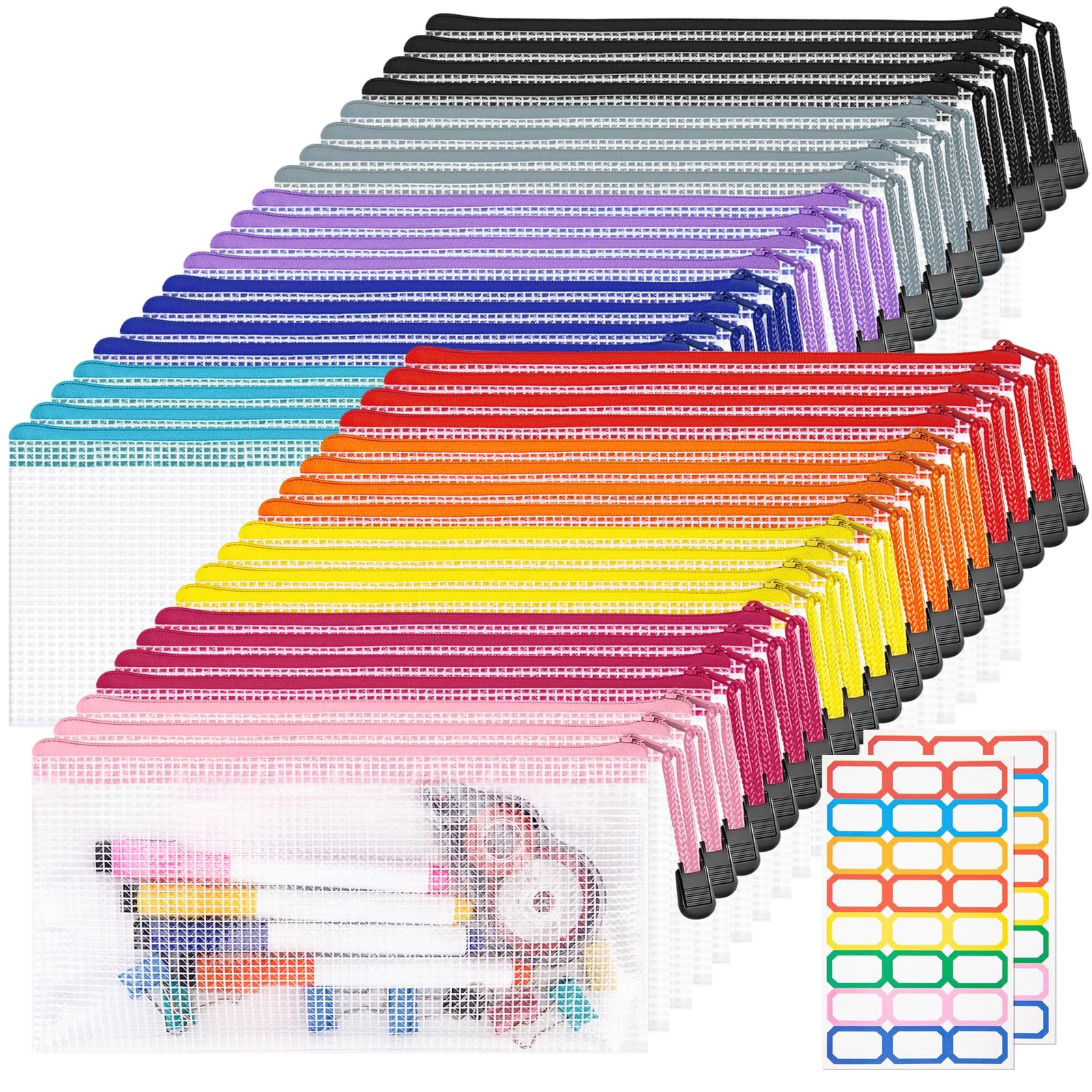 9.4×4.9 Inches Mesh Zipper Pouch with Sticker, 40 Pack Puzzle Storage Bags, O…