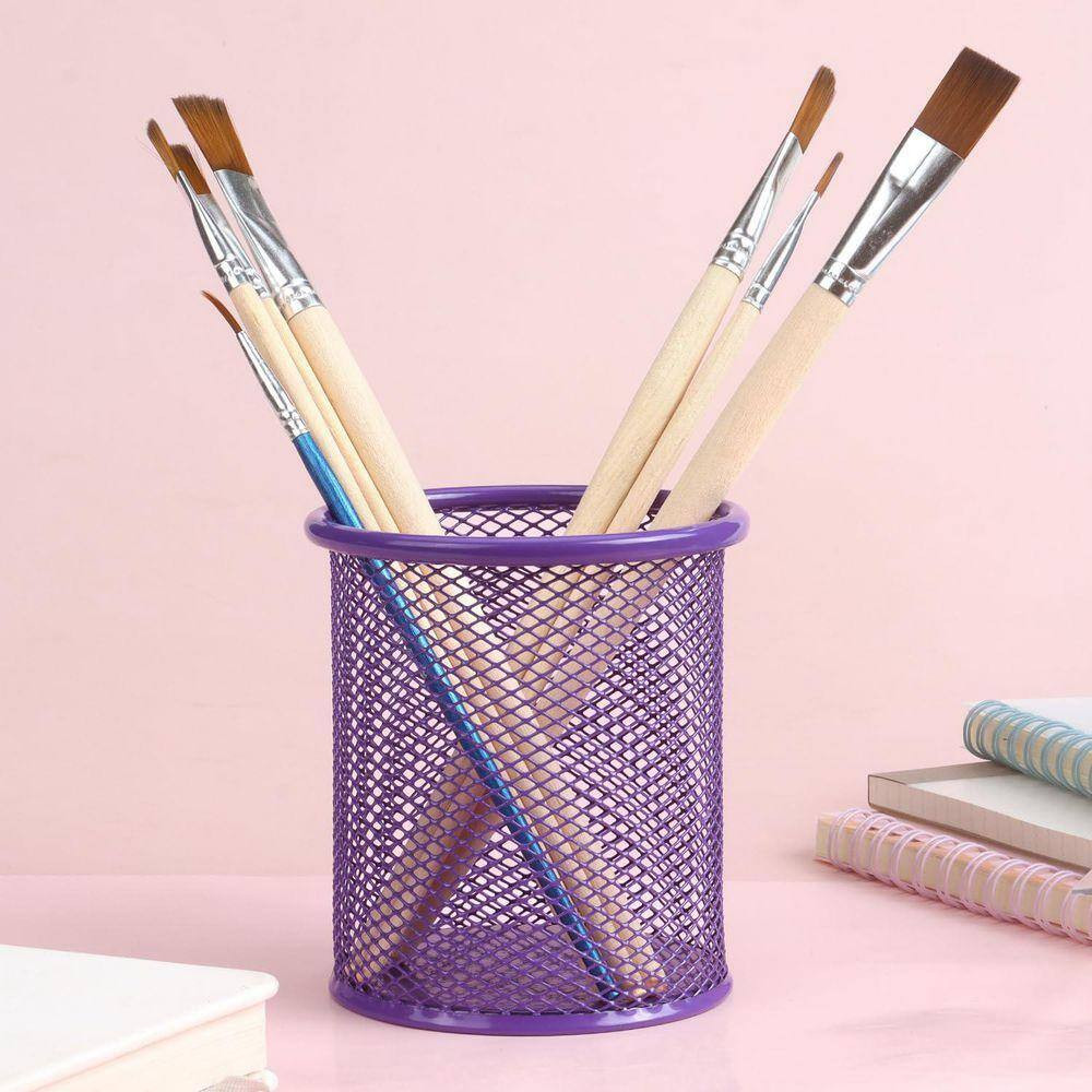 3.5 X 3.5 X 3.9 Inches Mesh Metal Pen Holder Cup for Desk Office, Purple, Holds