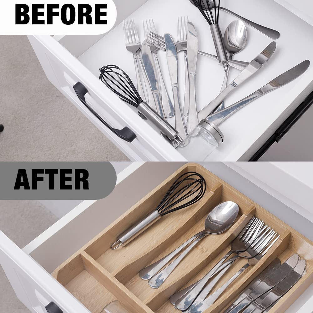 Kitchen Drawer Organizer, 13 Inch Bamboo Utensil Tray, 5 Slots, Removable Lid