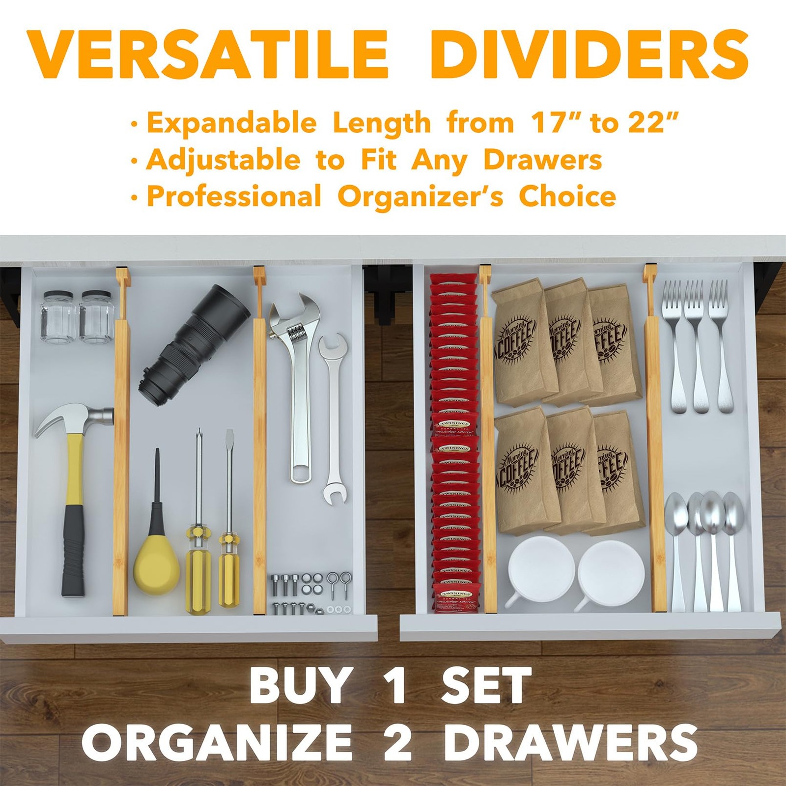 SpaceAid 4 Pack Bamboo Drawer Dividers with Labels, 17″ – 22″, NATURAL