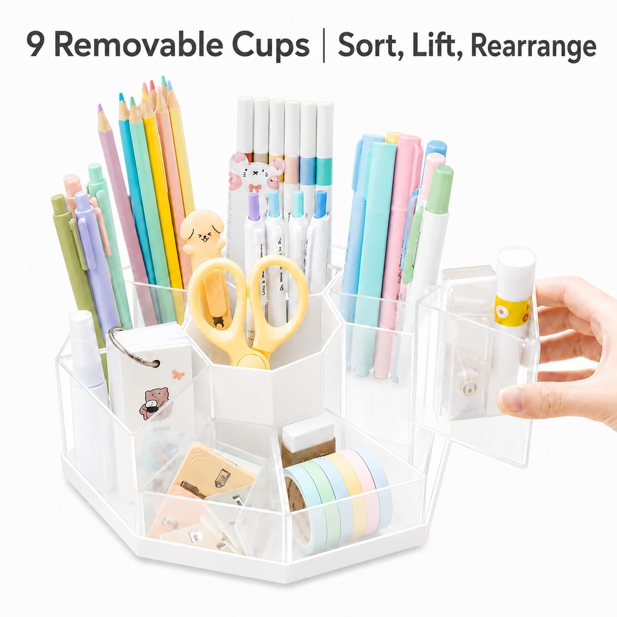 Rotating Pen Holder for Desk, 360 Degree Desk Organizer with 9 Removable Comp…