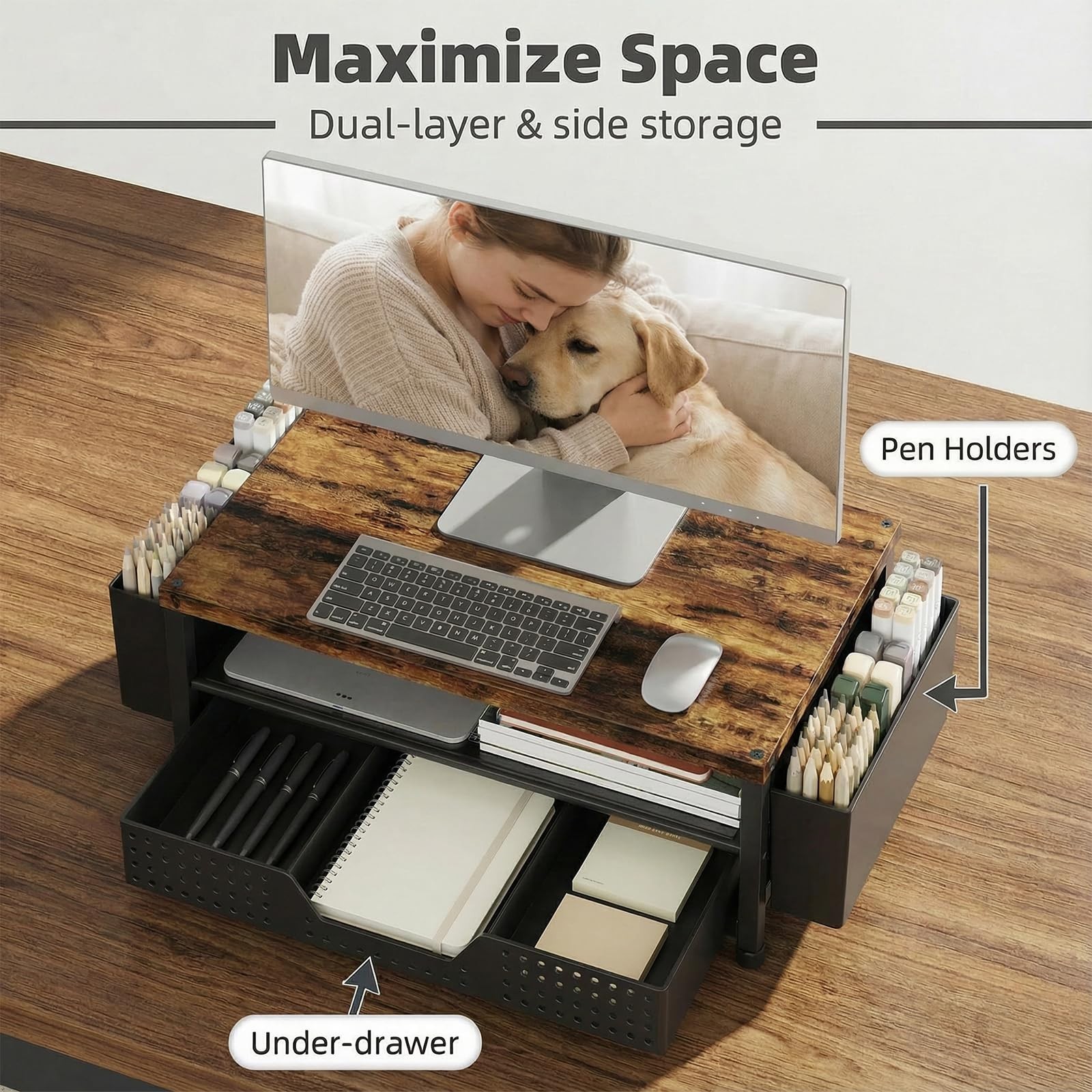 Wood Desk Organizer 2-Tier Monitor Stand Riser with Storage Drawer & Pen Holders