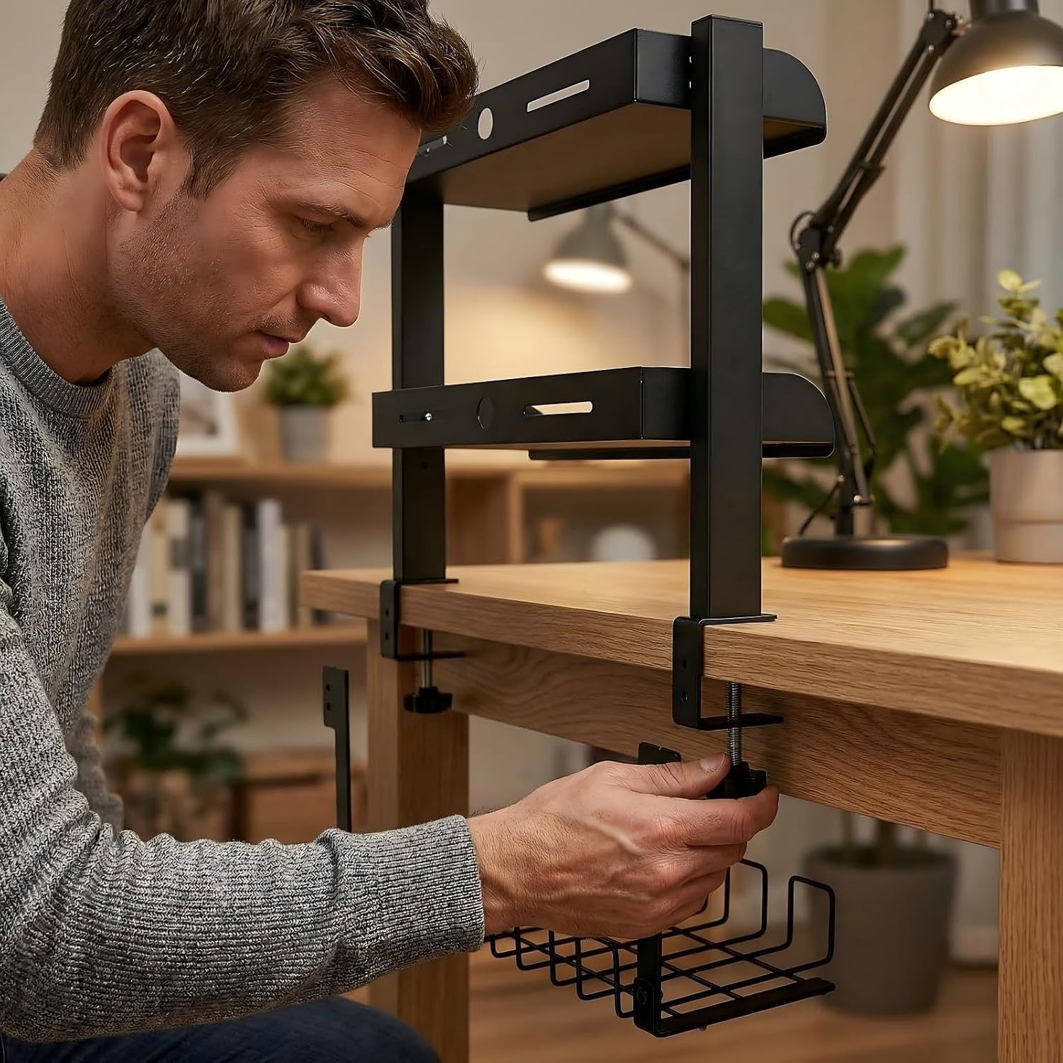 Clamp On Desk Shelf, 17” 2-Tier Desktop Organizer Shelf with Under-Desk Hidden