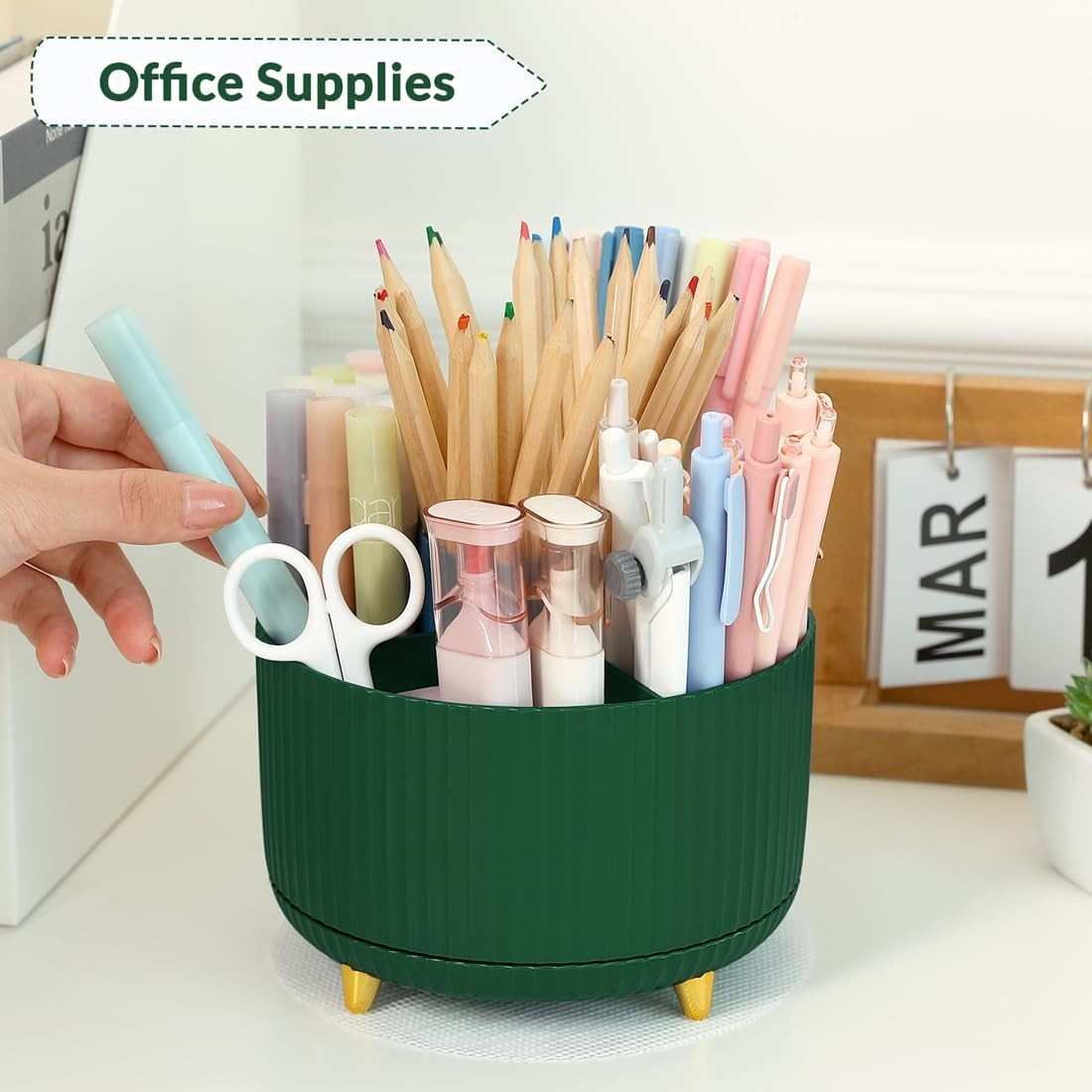 Dark Green 5-Compartment Rotating Desk Organizer for Office & Art Supplies