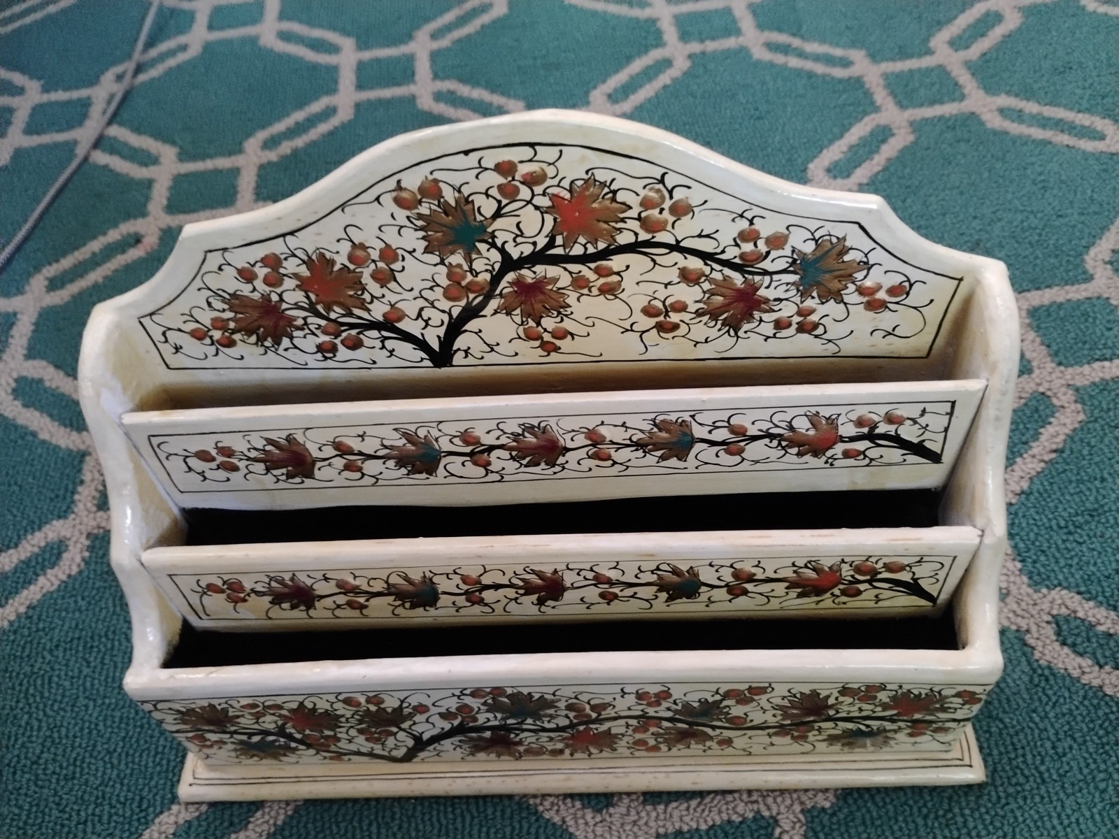 Vintage Wooden Letter and Document Organizer – Hand-Painted Floral Design