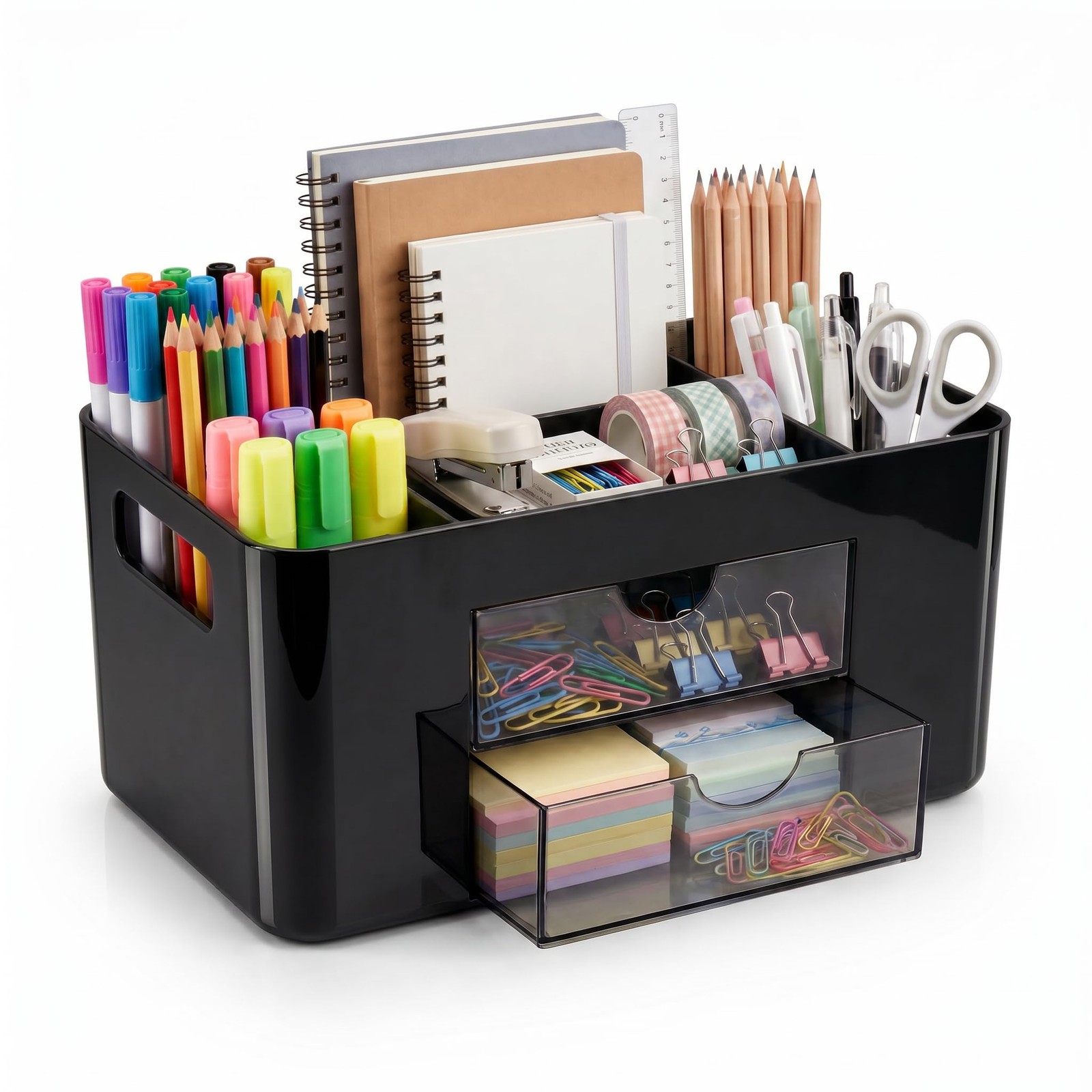 Black Desk Organizer with Drawers, 4 Slots, Side Handles, Pen Holder