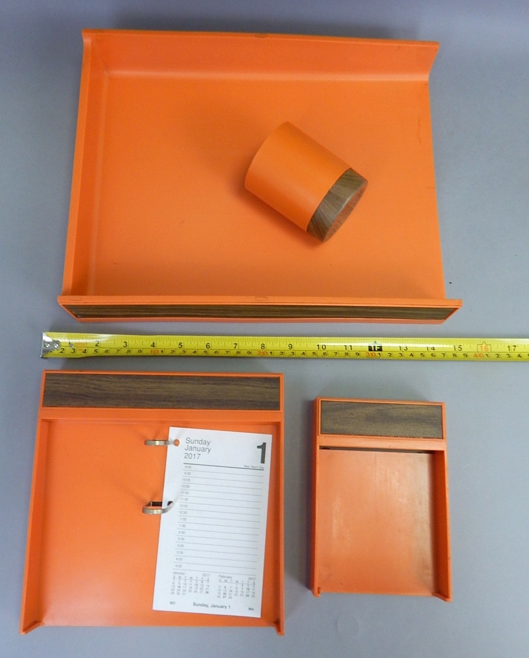Vintage Orange Eldon Office Desk Organizer Tray Calendar Cup Holder Set MCM 70s