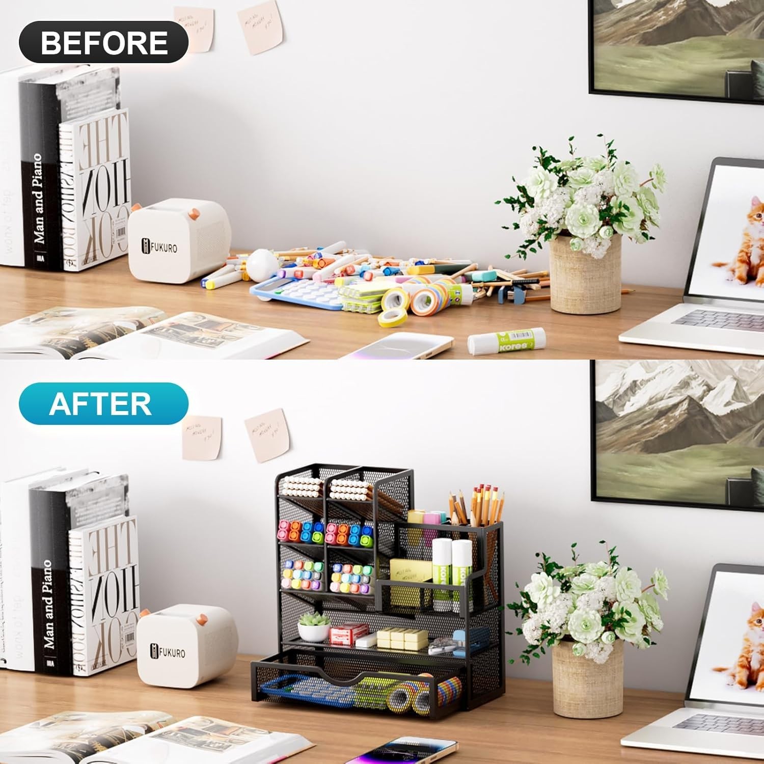 Black Rectangular Desk Organizer with Drawer – Perfect for Stationery & Crafts