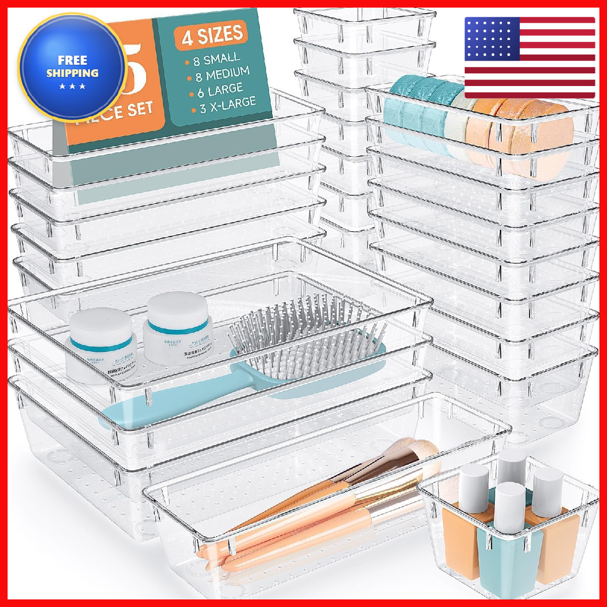 Wowbox 25 Pcs Clear Plastic Drawer Organizer Set 4 Sizes Desk Drawer Divider
