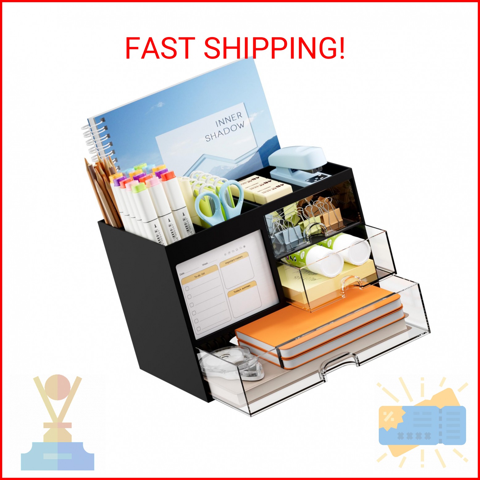 Marbrasse Desk Organizer with 3 Drawer, Multi-Functional Pencil Pen Holder for D