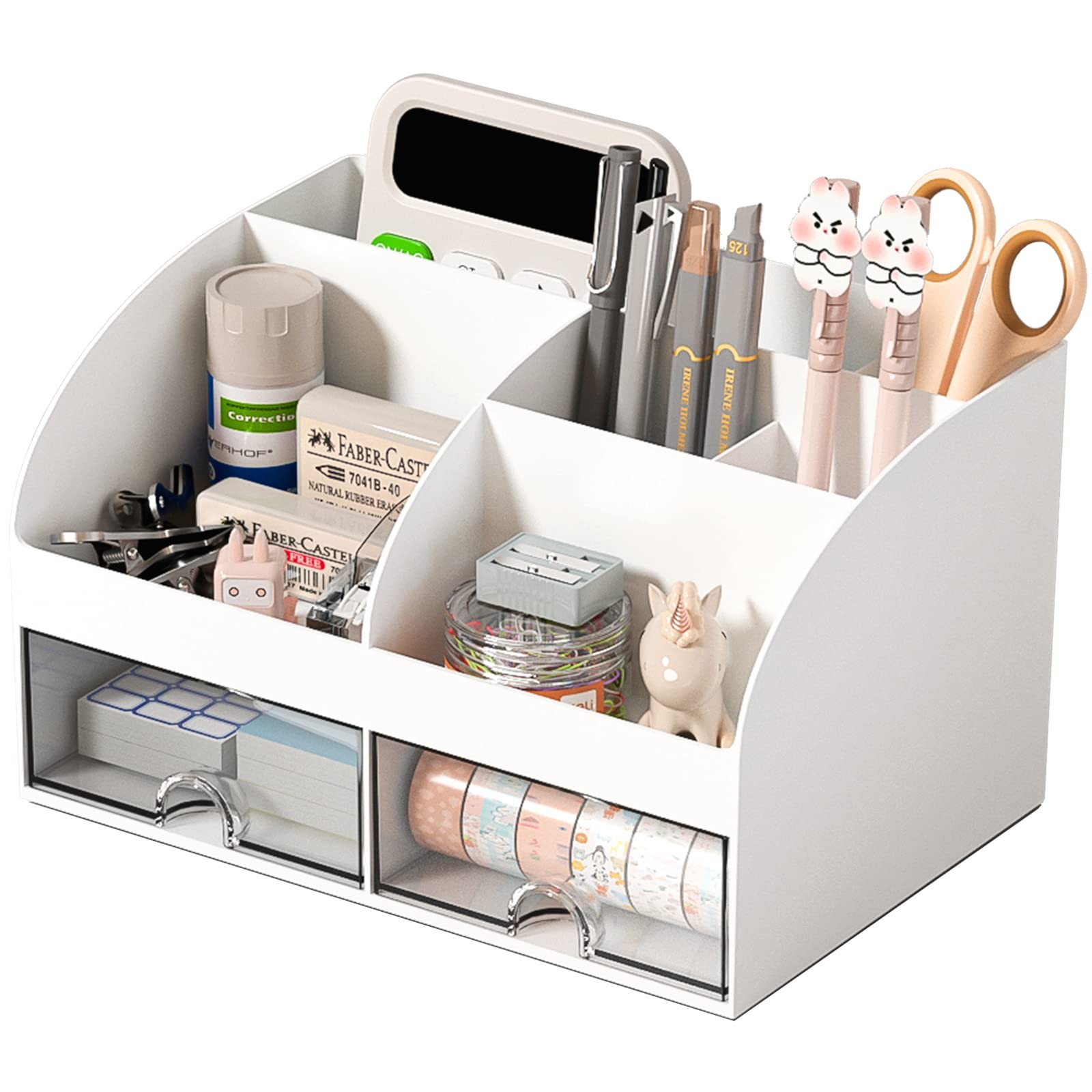 COMFYROOM Desk Organizer with 6 Compartments and 2 Drawers, Plastic White