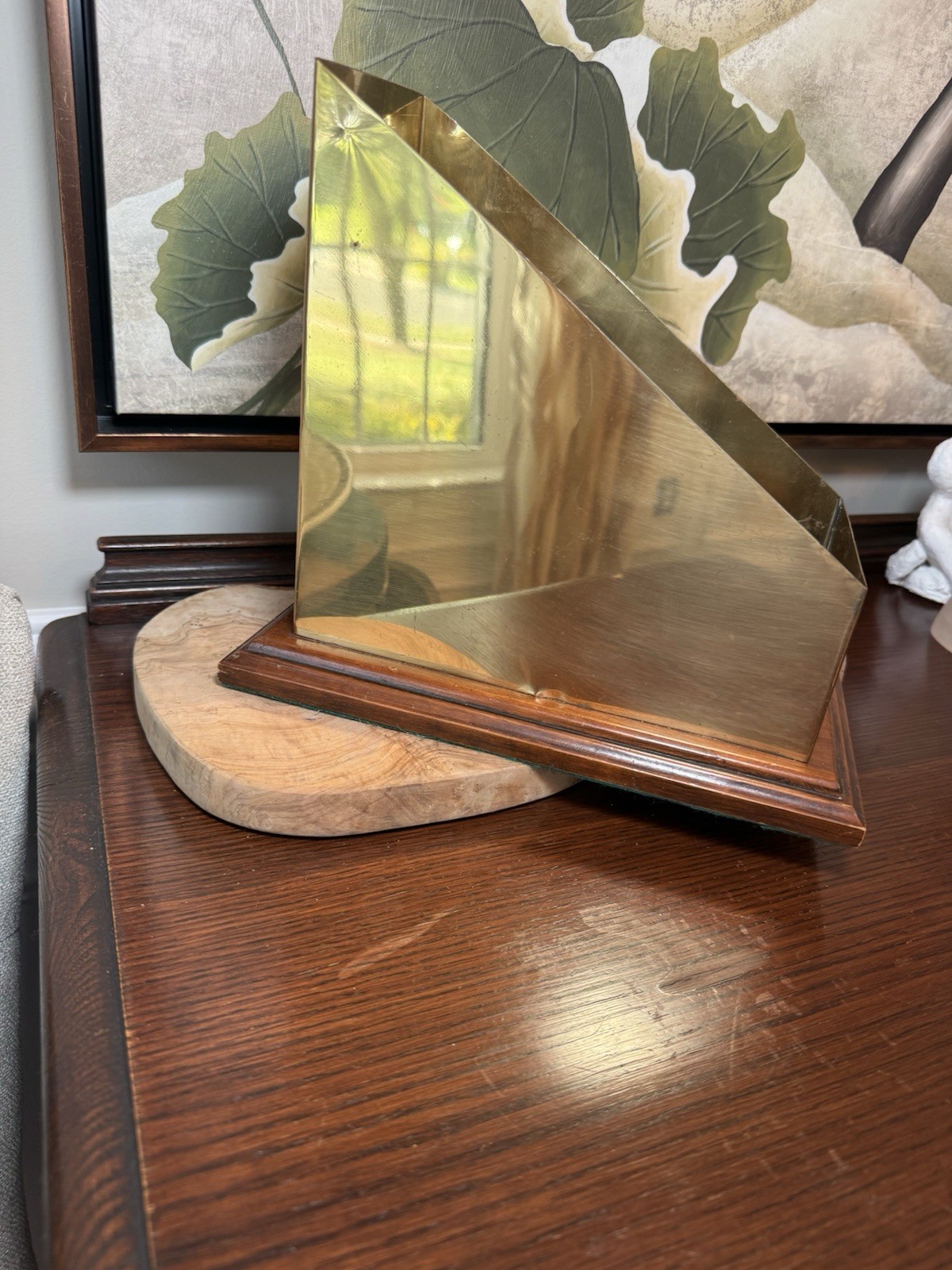 Vintage Brass & Wood Desk Organizer Display Mid-Century Office Decor Heavy