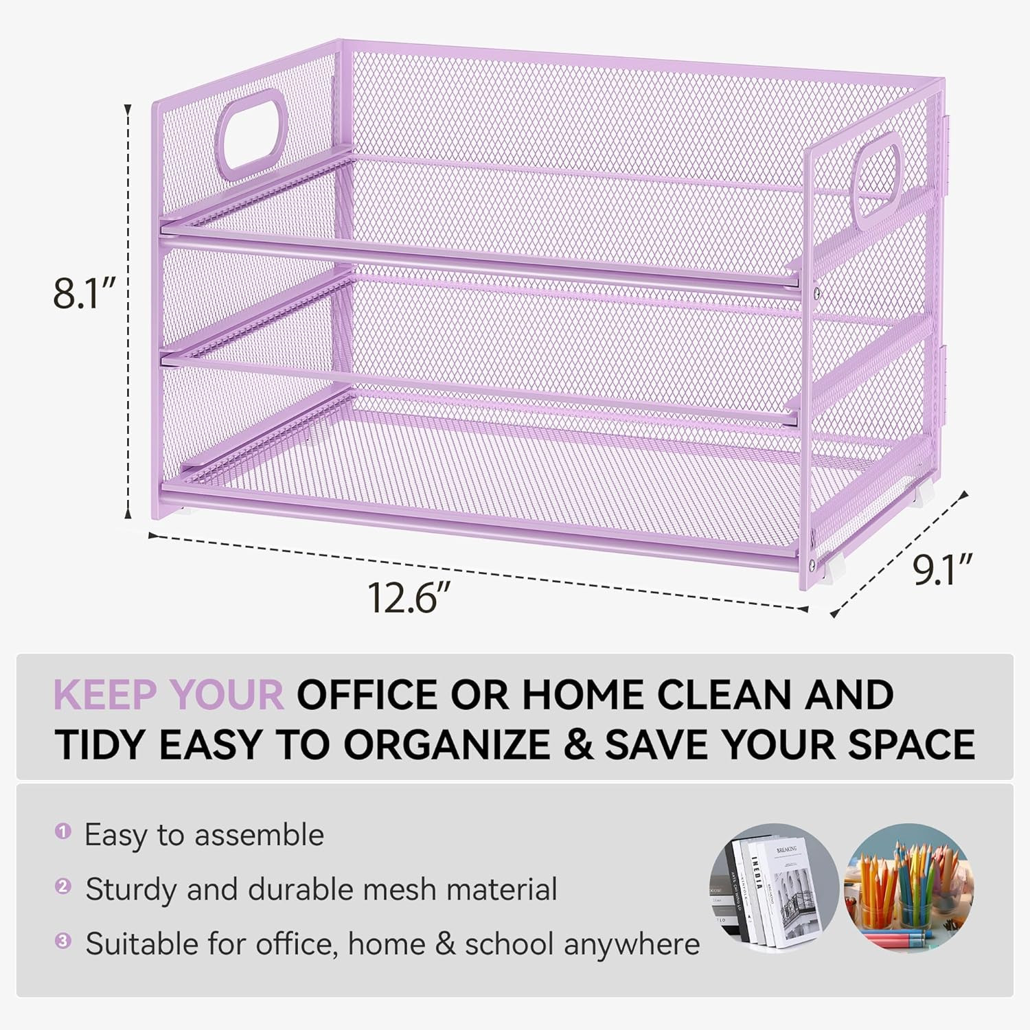 3 Tier Letter Tray Paper Organizer with Handle and 1 PC Sliding Tray, Purple Met