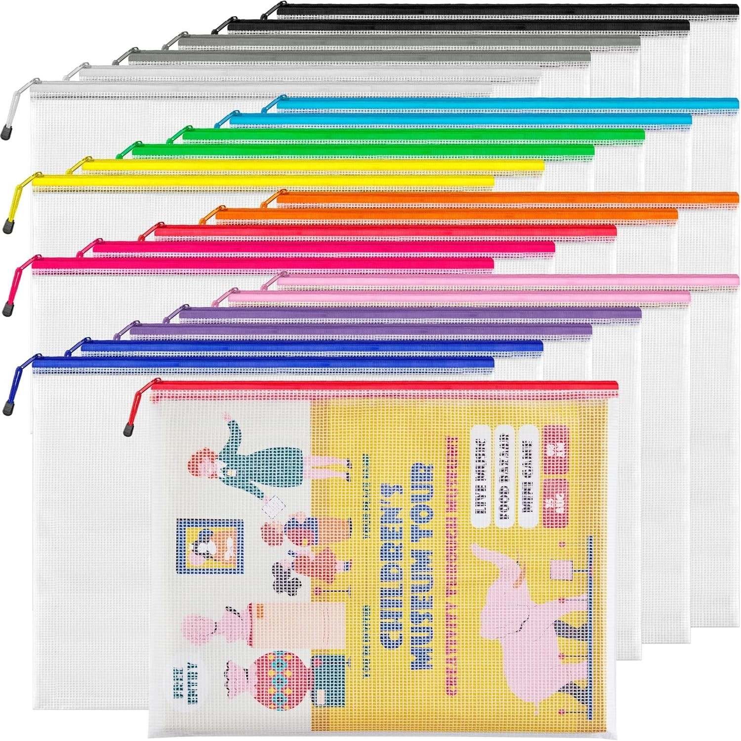 A3 (16.5×12.6 in, 24 Pcs) Mesh Zipper Pouch, 12 Colors Extra Large Zipper Bags,