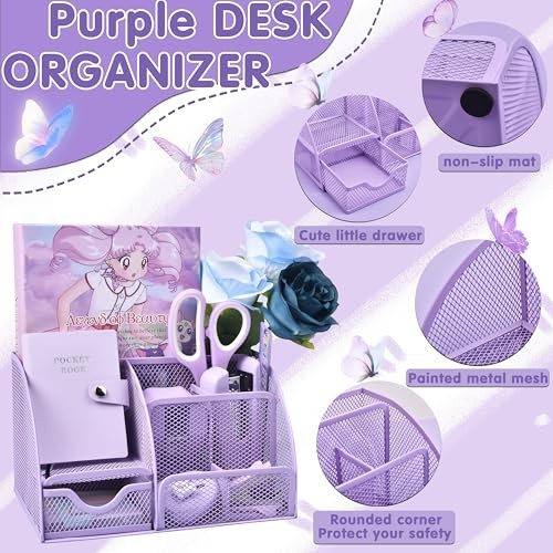 Purple Desk Accessories Set 26-Piece Office Supplies Organizer Stapler Gift Box