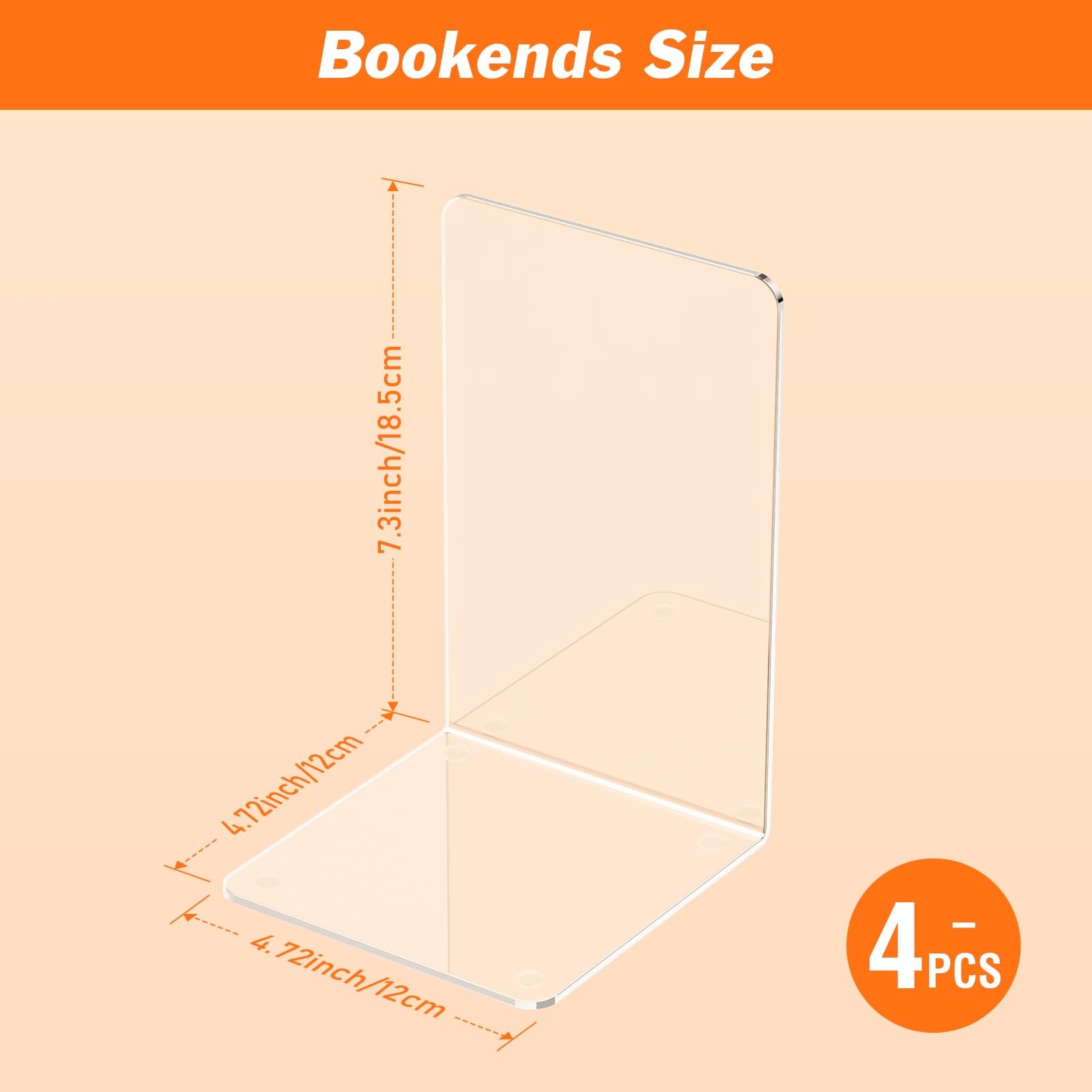 Acrylic Bookends 4 Pcs, Clear Book Ends for Shelves, 4 Pieces