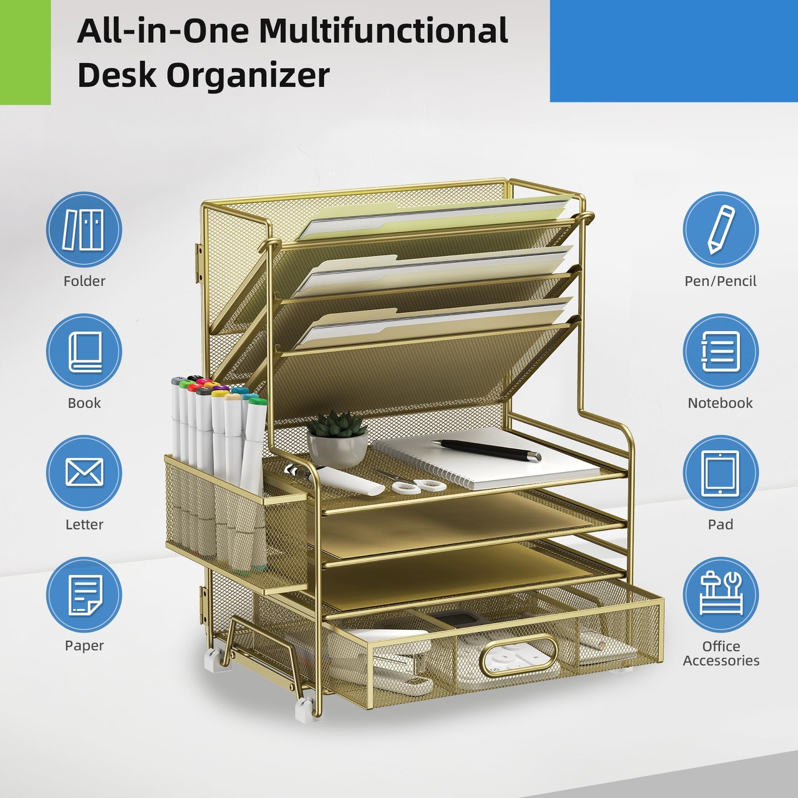 Gold 4Tier Paper Organizer 3Pocket File Holder Drawer Pen Tray Desktop Set